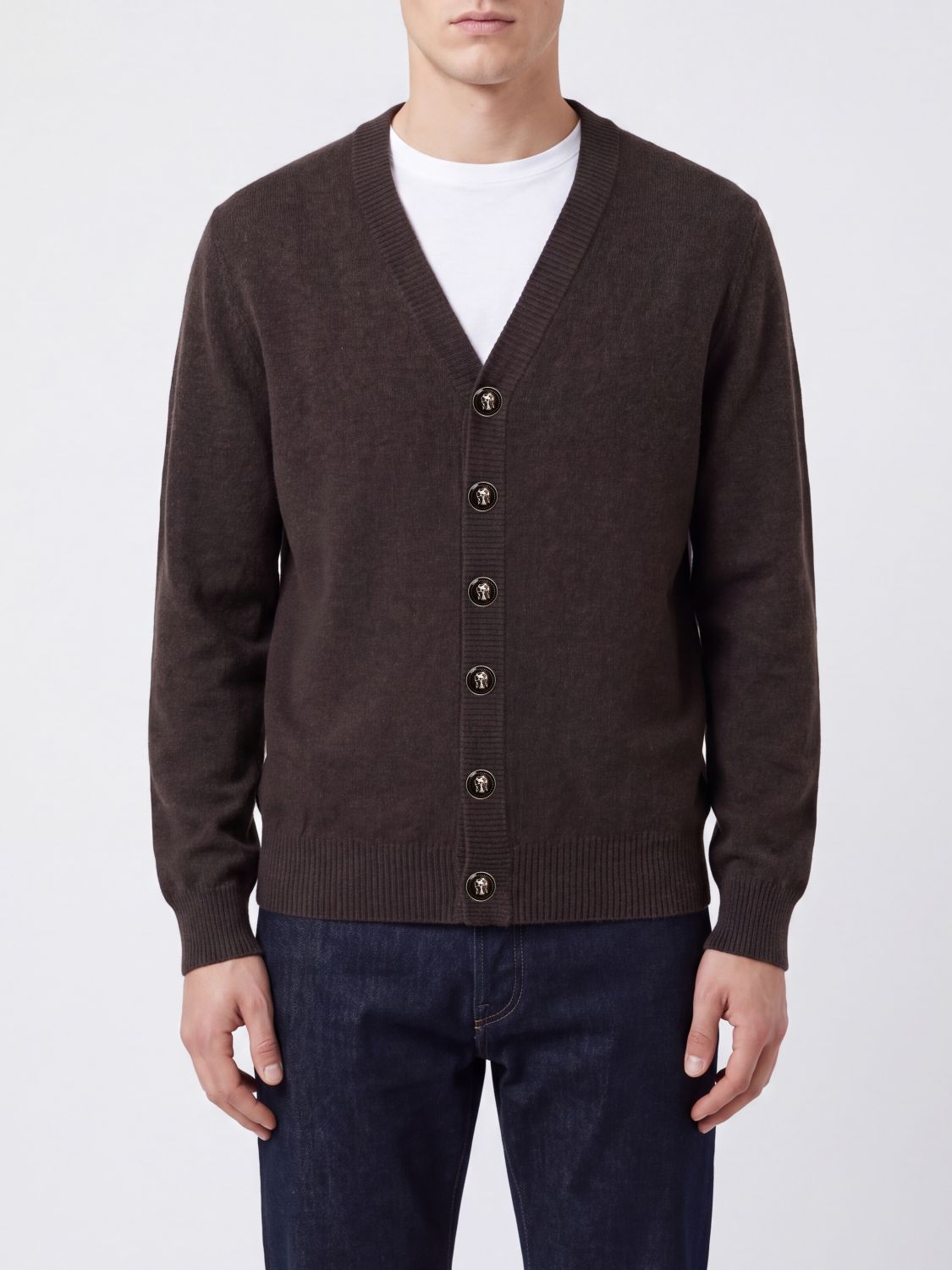 BRUNELLO CUCINELLI PULL: Cardigan Brunello Cucinelli à col V et boutonnage en 100% cachemire, Marron - Img 1