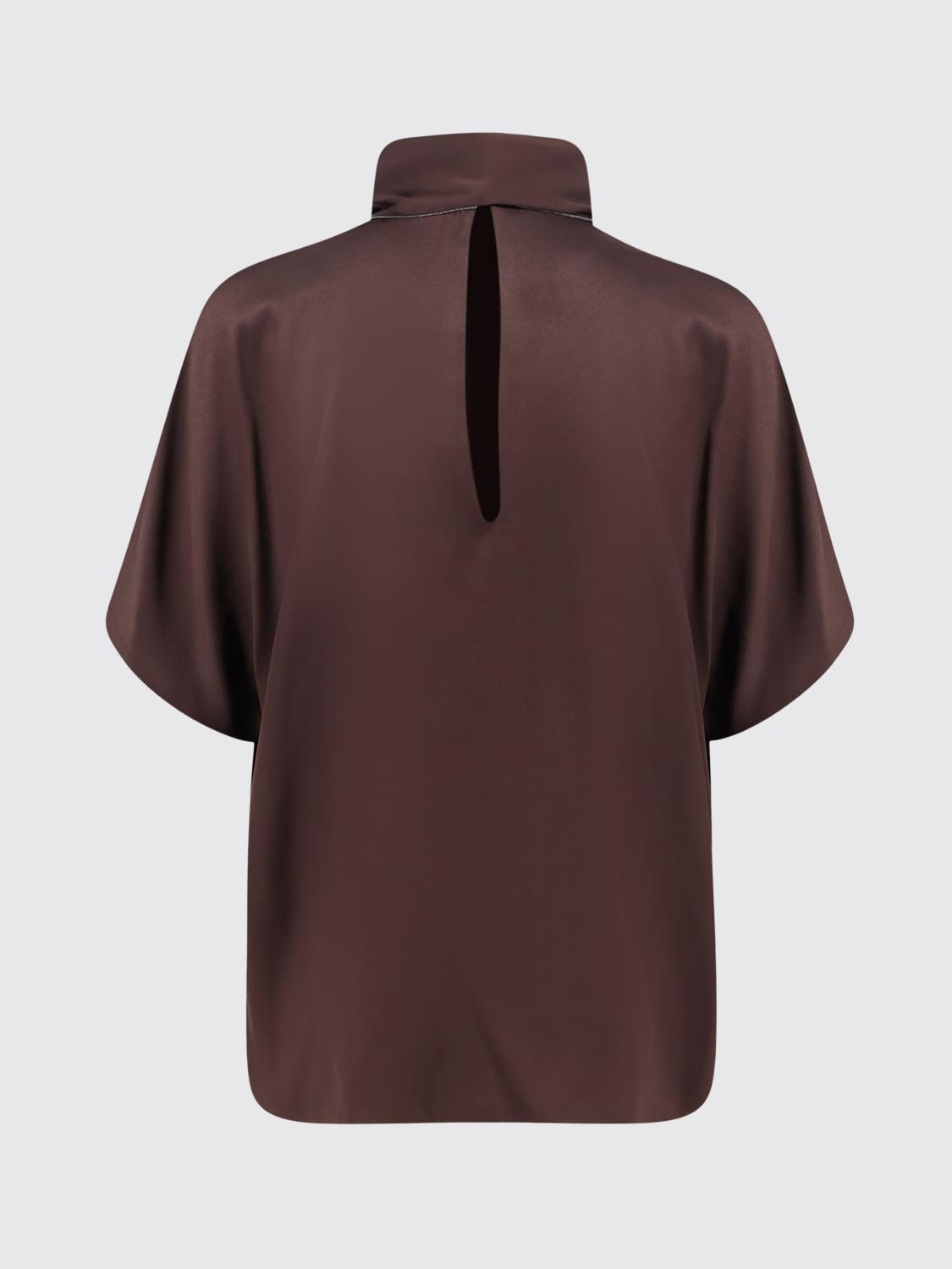 BRUNELLO CUCINELLI TOP: Blusa Brunello Cucinelli de pura seda con cuello de lazo y manga corta, Café - Img 3