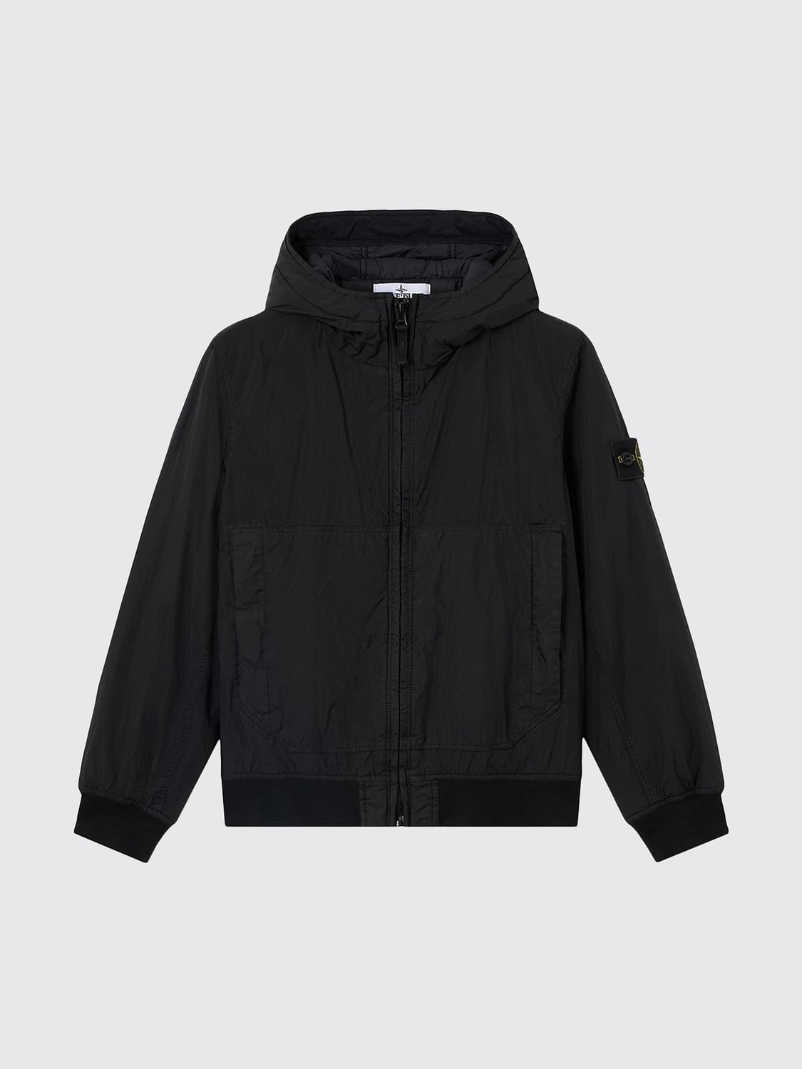 STONE ISLAND JUNIOR JACKET: Stone Island Junior Boy's Hooded Windproof Light Jacket in Nylon, Black - Img 1