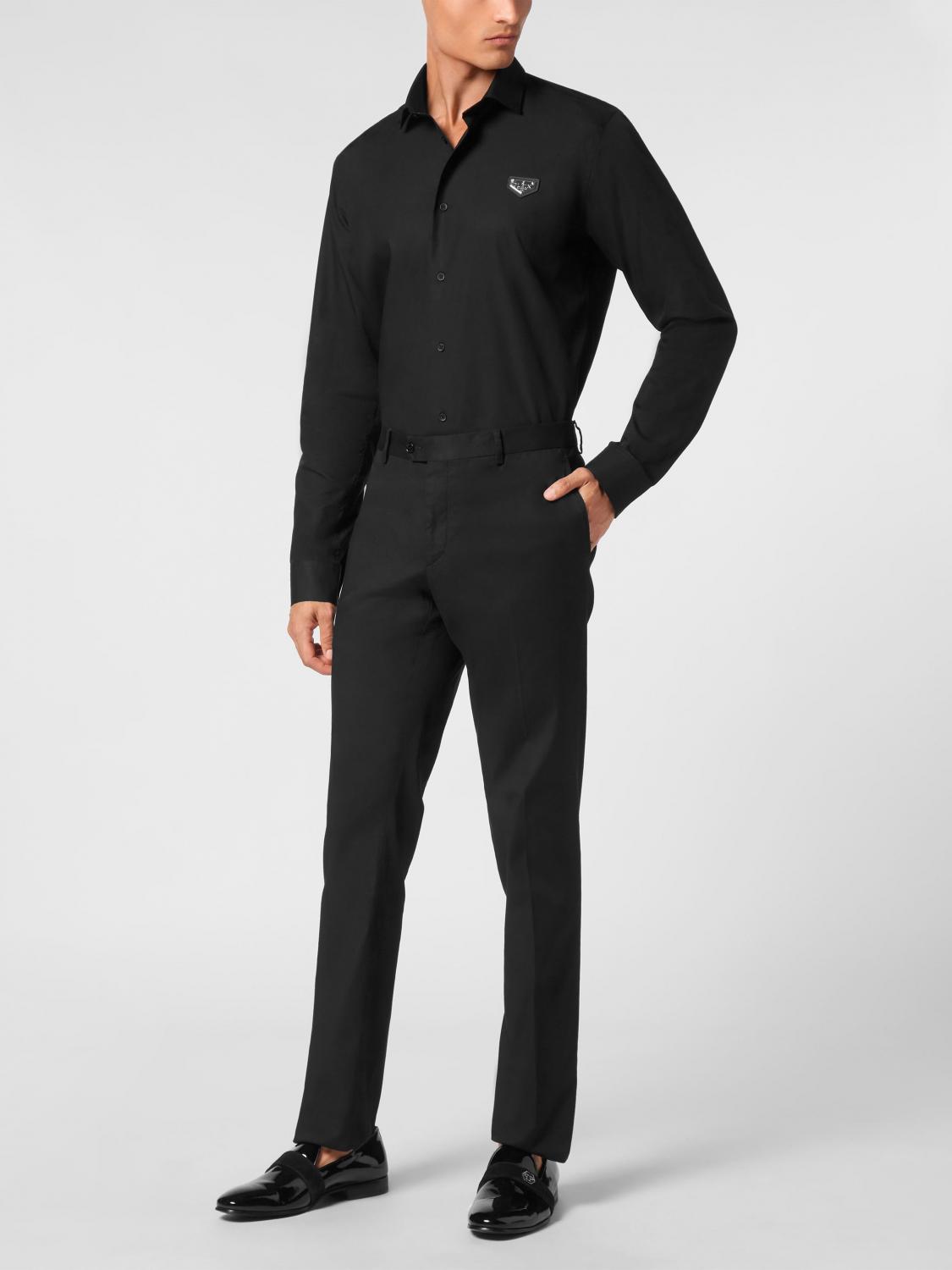 PHILIPP PLEIN PANTALONES: Pantalón de sastre Philipp Plein de algodón elástico corte slim con logo trasero, Negro - Img 2