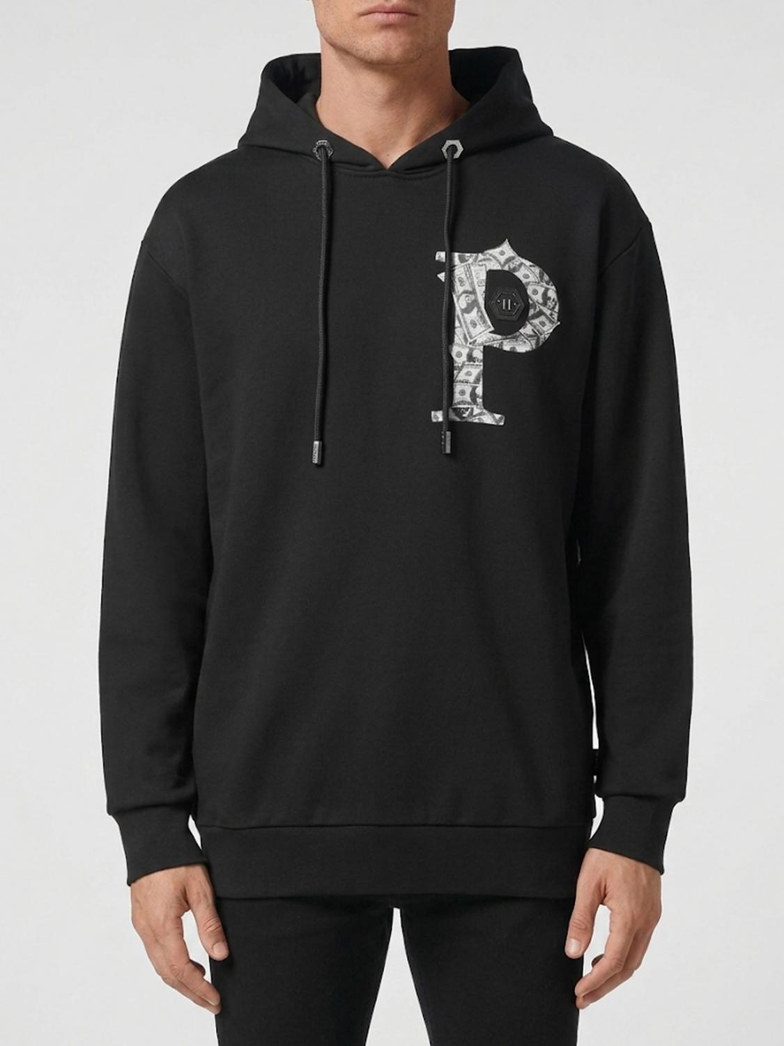 PHILIPP PLEIN SUDADERA: Sudadera con capucha Philipp Plein de algodón con logo Hexagon y estampado de monograma, Negro - Img 1