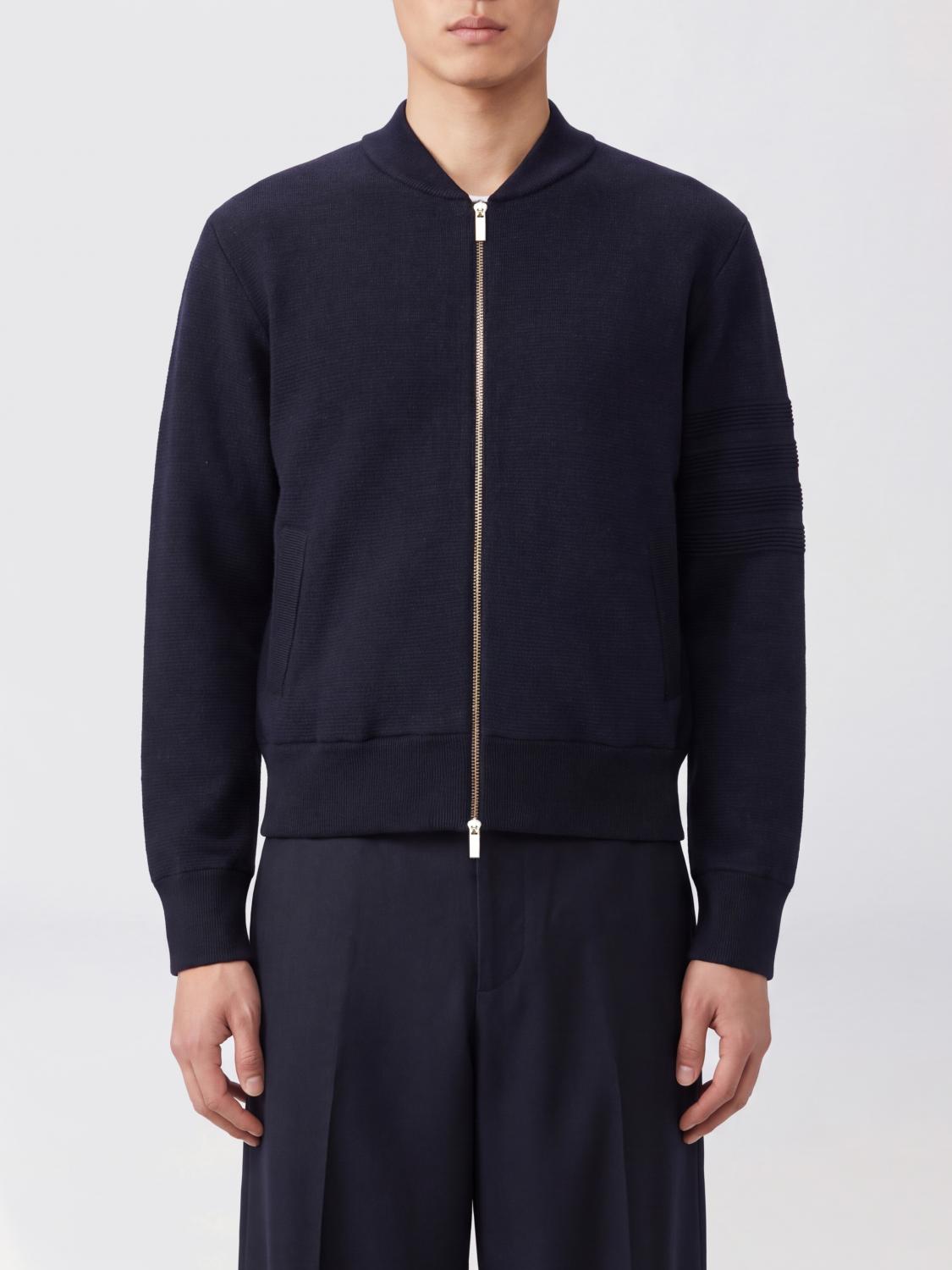 THOM BROWNE JERSEY: Sudadera de punto de lana Thom Browne con cremallera, cuello bomber y motivo 4-Bar, Azul Marino - Img 1