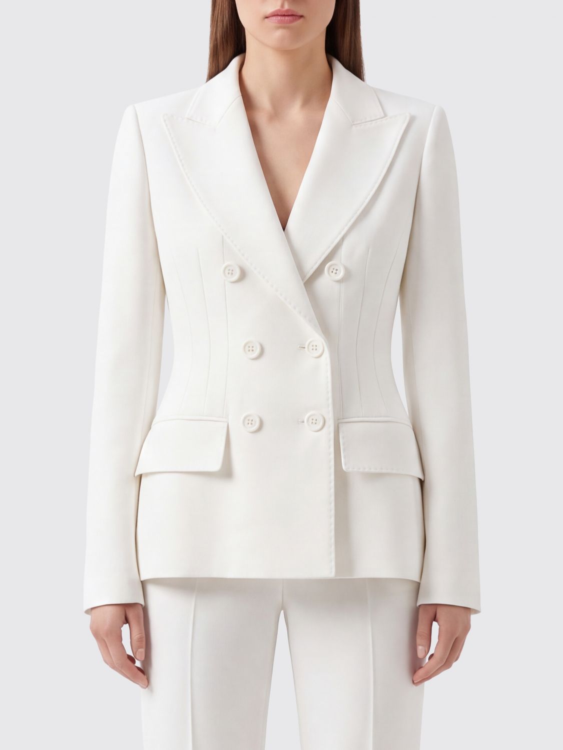 ELISABETTA FRANCHI JACKE: Elisabetta Franchi Zweireihiger Crêpe-Blazer mit gepolsterten Schultern, Ivory - Img 1