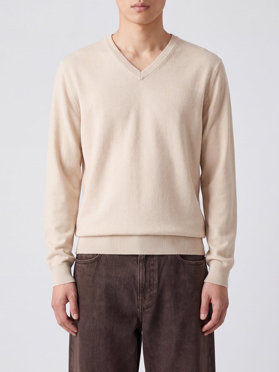 BRUNELLO CUCINELLI SWEATER: Pure Cashmere V-Neck Jumper Brunello Cucinelli with Ribbed Trims, Butter - Img 1