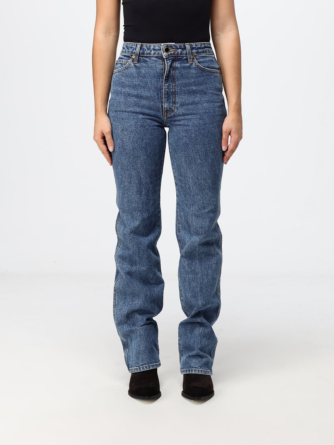 KHAITE VAQUEROS: Vaqueros pitillo Danielle de Khaite de talle alto en denim elástico, Azul Marino - Img 1