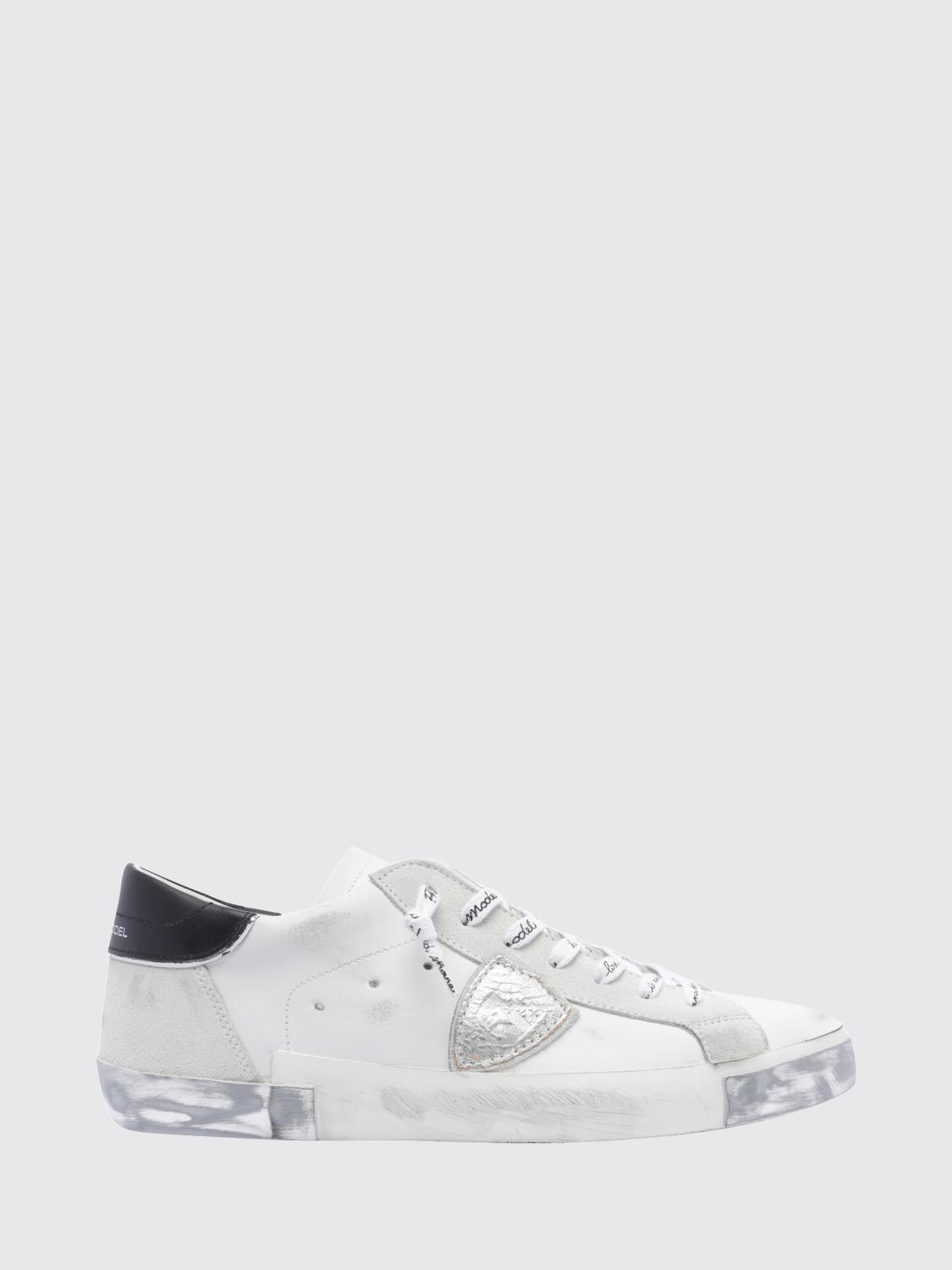 PHILIPPE MODEL SNEAKERS: Paris Leather Low-Top Sneakers Philippe Model with Worn Effect and Shield Logo, Silver - Img 1