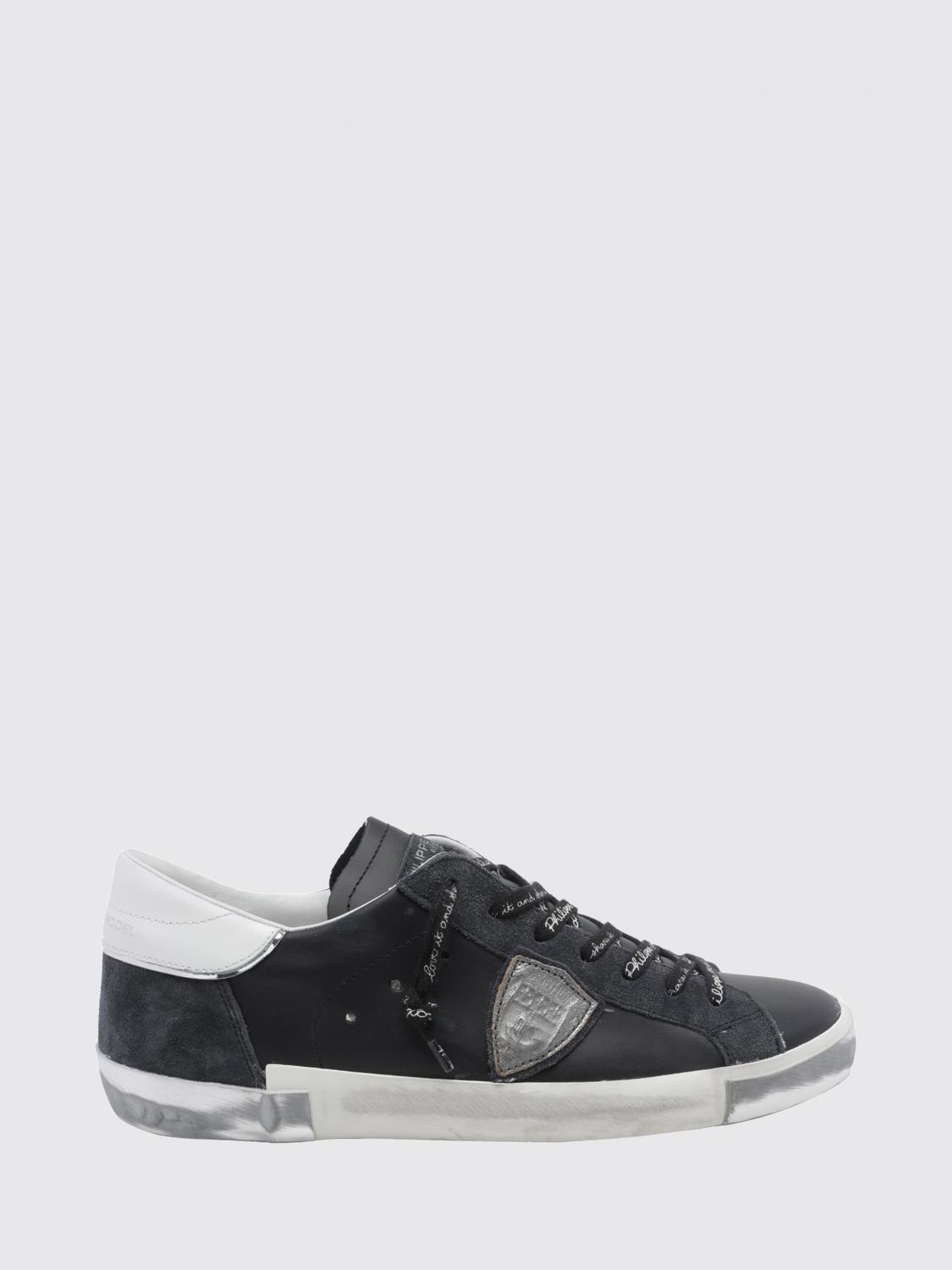 PHILIPPE MODEL SNEAKERS: Paris Leather Low-Top Sneakers Philippe Model with Worn Effect and Shield Logo, Black 2 - Img 1