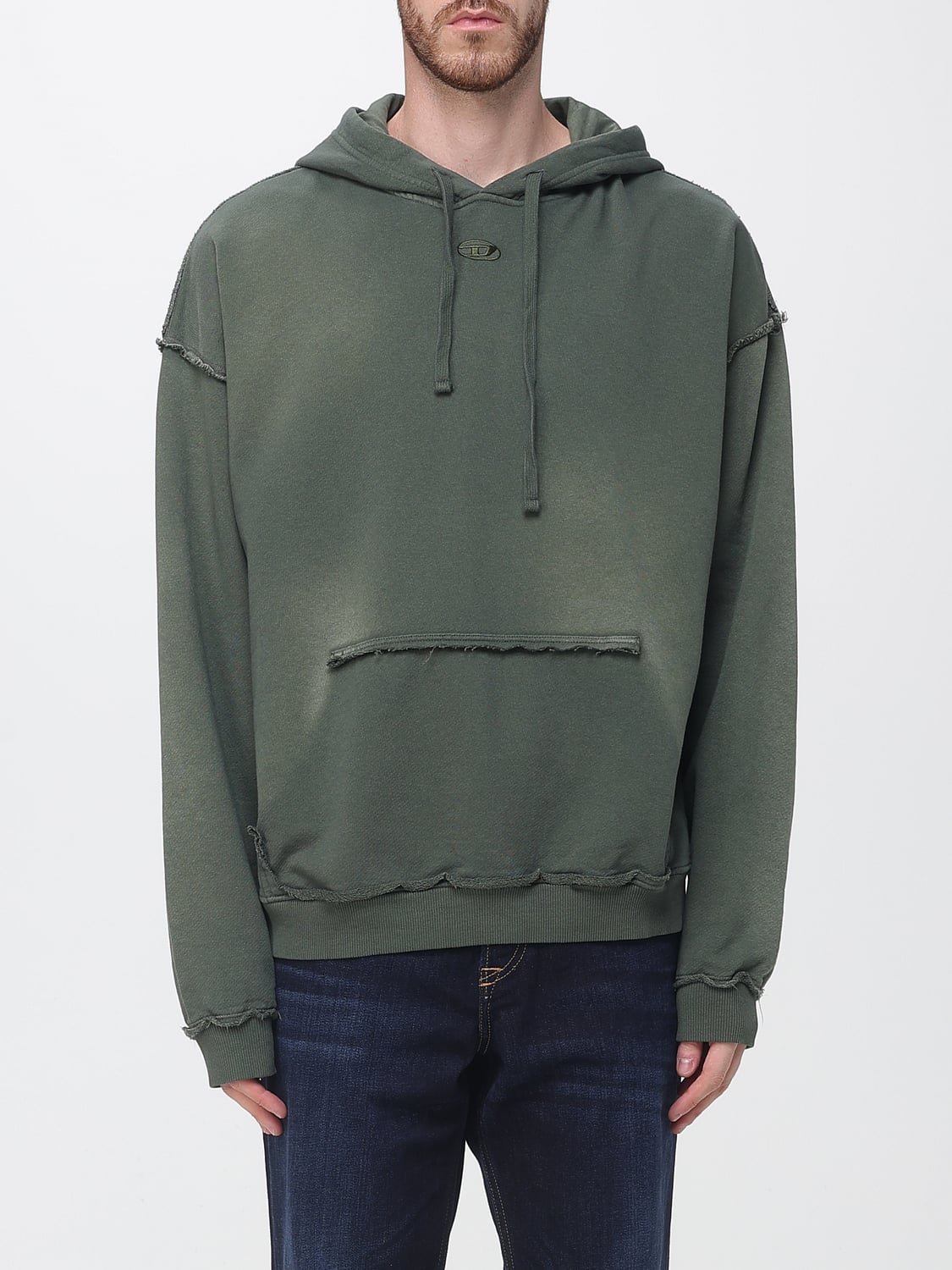 DIESEL SWEATSHIRT: Diesel S-Pock-Hood Cotton Jersey Hoodie with Distressed Effect, Green - Img 1