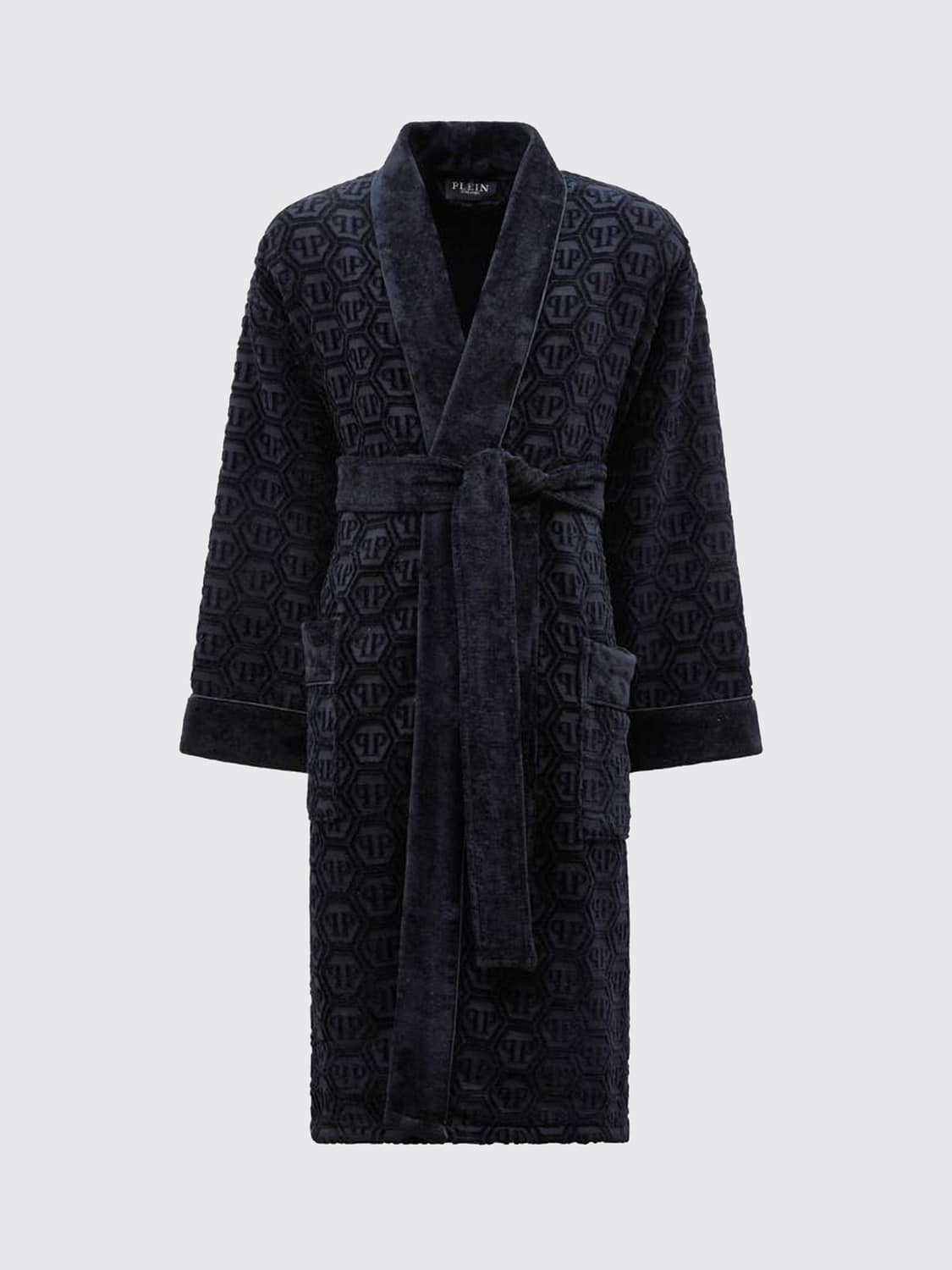 PHILIPP PLEIN BATHROBES: PHILIPP PLEIN 헥사곤 모노그램 숄 칼라 코튼 테리 목욕 가운, 블랙 - Img 1