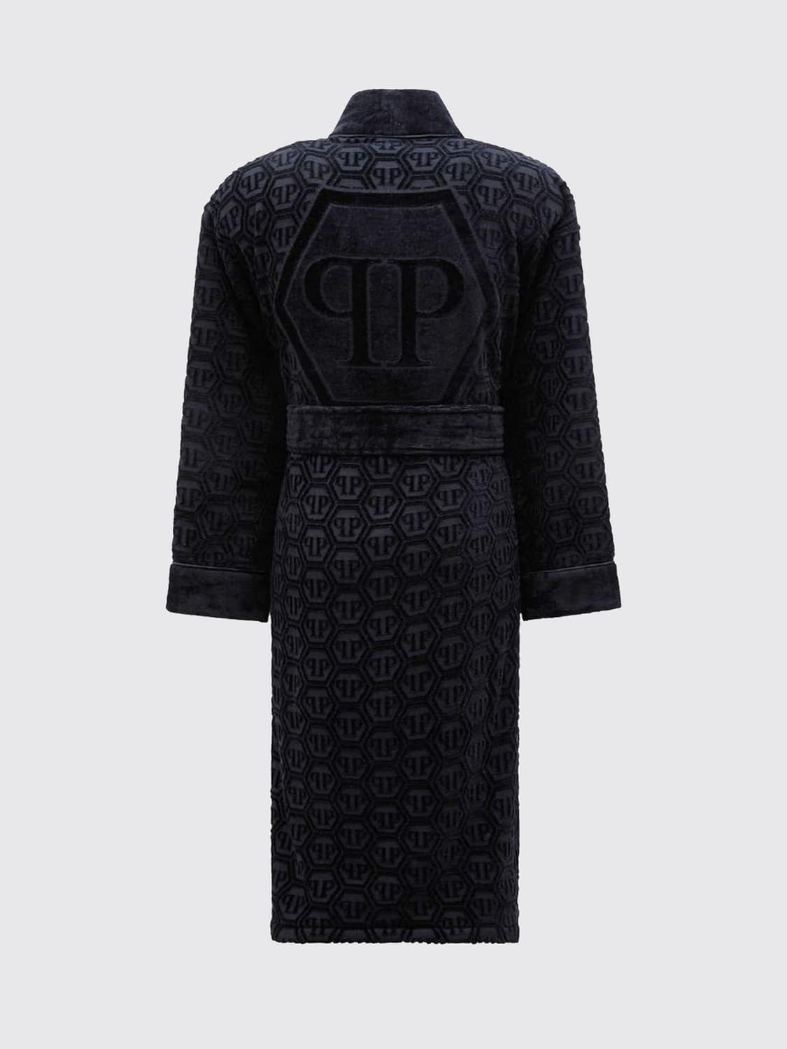 PHILIPP PLEIN BATHROBES: PHILIPP PLEIN 헥사곤 모노그램 숄 칼라 코튼 테리 목욕 가운, 블랙 - Img 3