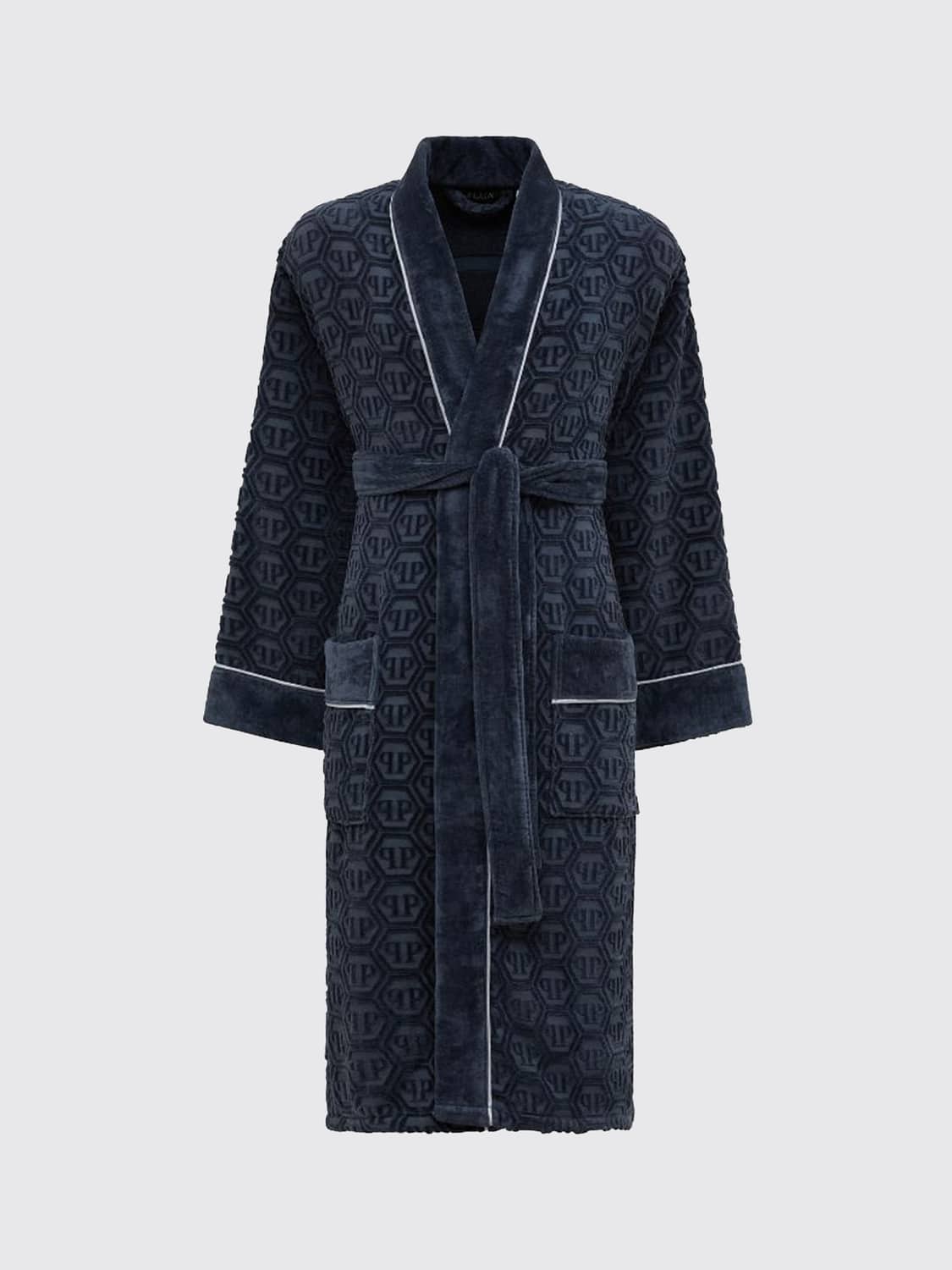 PHILIPP PLEIN BATHROBES: PHILIPP PLEIN 헥사곤 모노그램 숄 칼라 코튼 테리 목욕 가운, 그레이 - Img 1