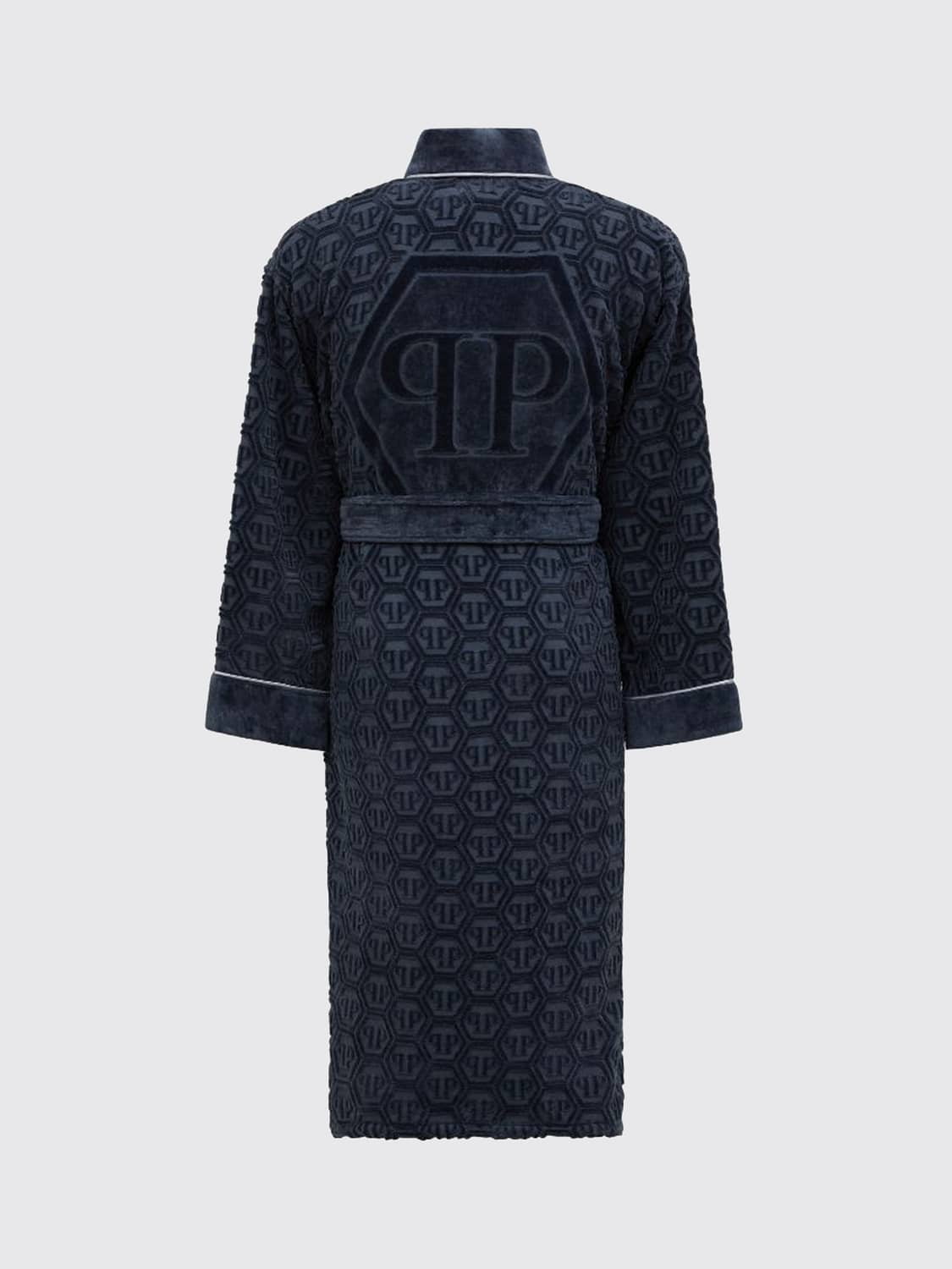 PHILIPP PLEIN BATHROBES: PHILIPP PLEIN 헥사곤 모노그램 숄 칼라 코튼 테리 목욕 가운, 그레이 - Img 2