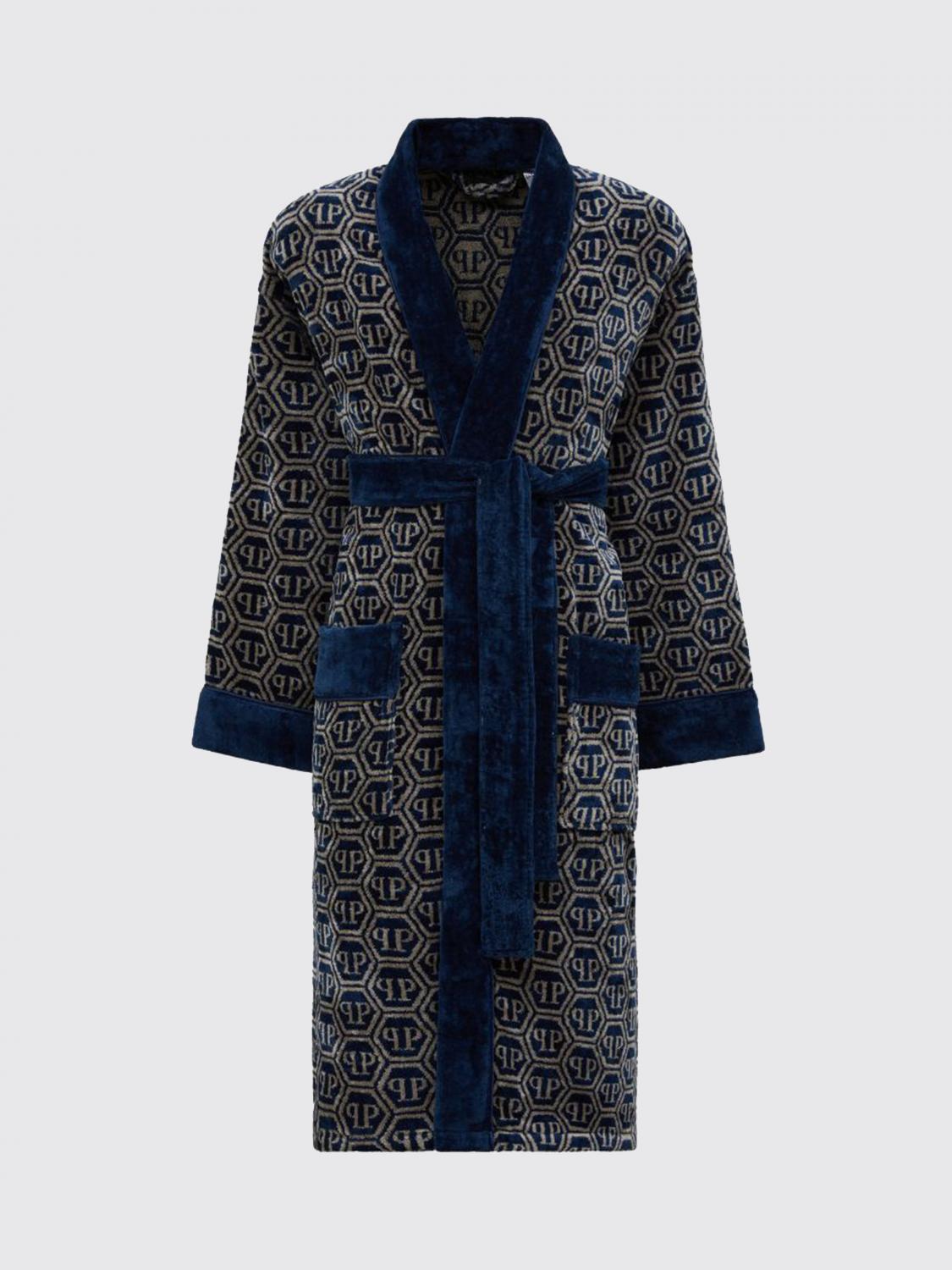 PHILIPP PLEIN BATHROBES: Philipp Plein Contrast Hexagon Monogram Cotton Terry Bathrobe, Blue - Img 1