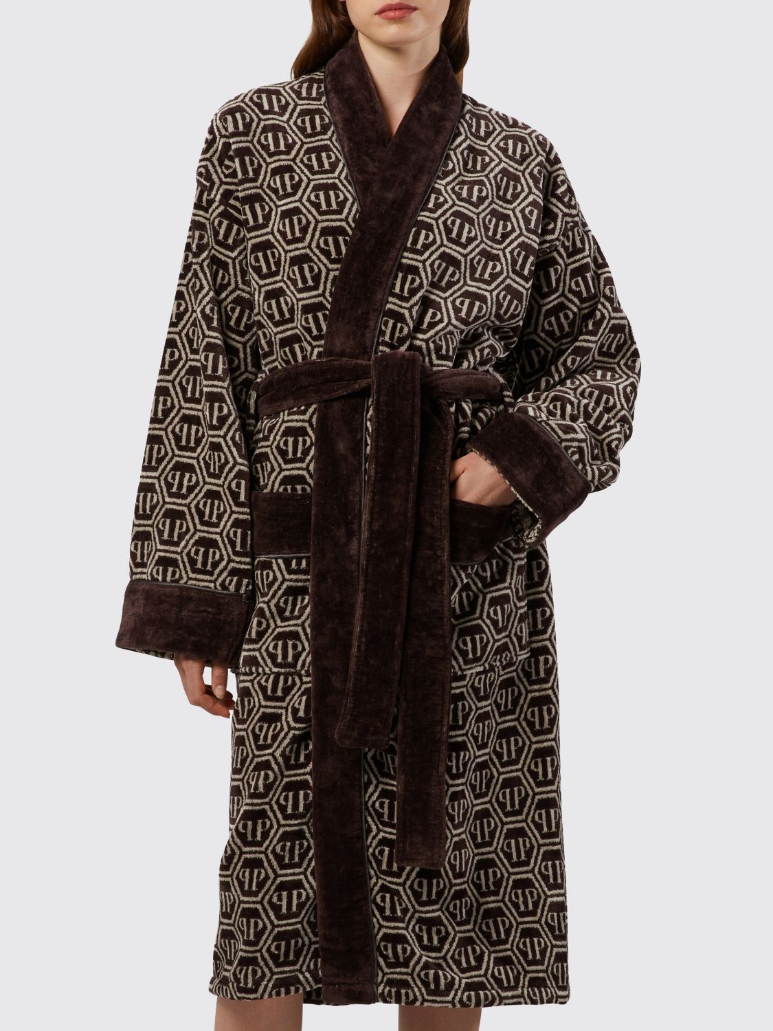 PHILIPP PLEIN BATHROBES: PHILIPP PLEIN 콘트라스트 헥사곤 모노그램 코튼 테리 목욕 가운, 브라운 - Img 2