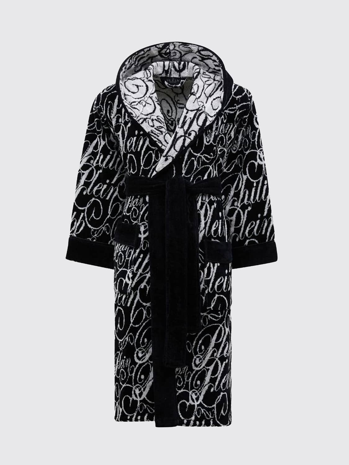 PHILIPP PLEIN BATHROBES: PHILIPP PLEIN フード付きジャカードロゴ コットンテリーバスローブ, ブラック - Img 1