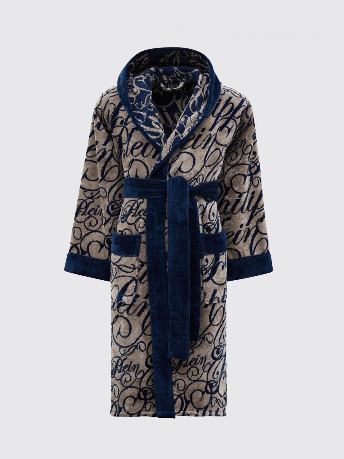 PHILIPP PLEIN ALBORNOCES: Albornoz con capucha Philipp Plein de rizo de algodón y logo en jacquard, Azul Oscuro - Img 1