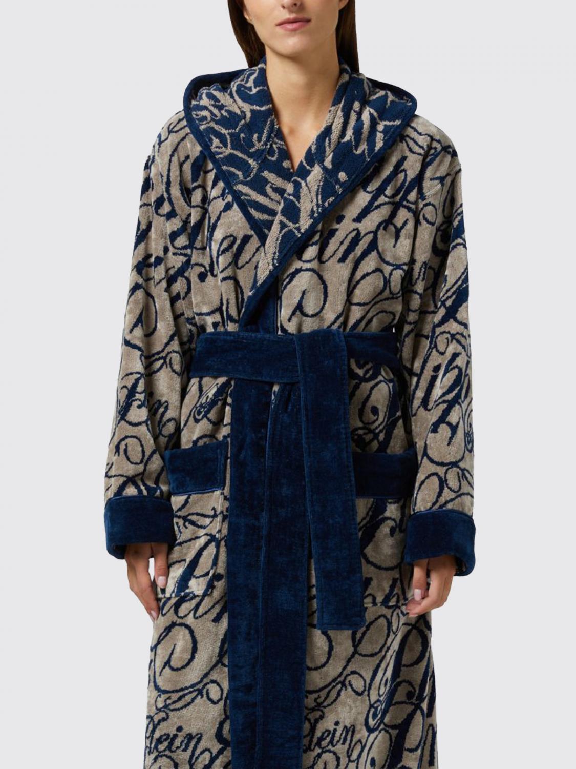 PHILIPP PLEIN ALBORNOCES: Albornoz con capucha Philipp Plein de rizo de algodón y logo en jacquard, Azul Oscuro - Img 2