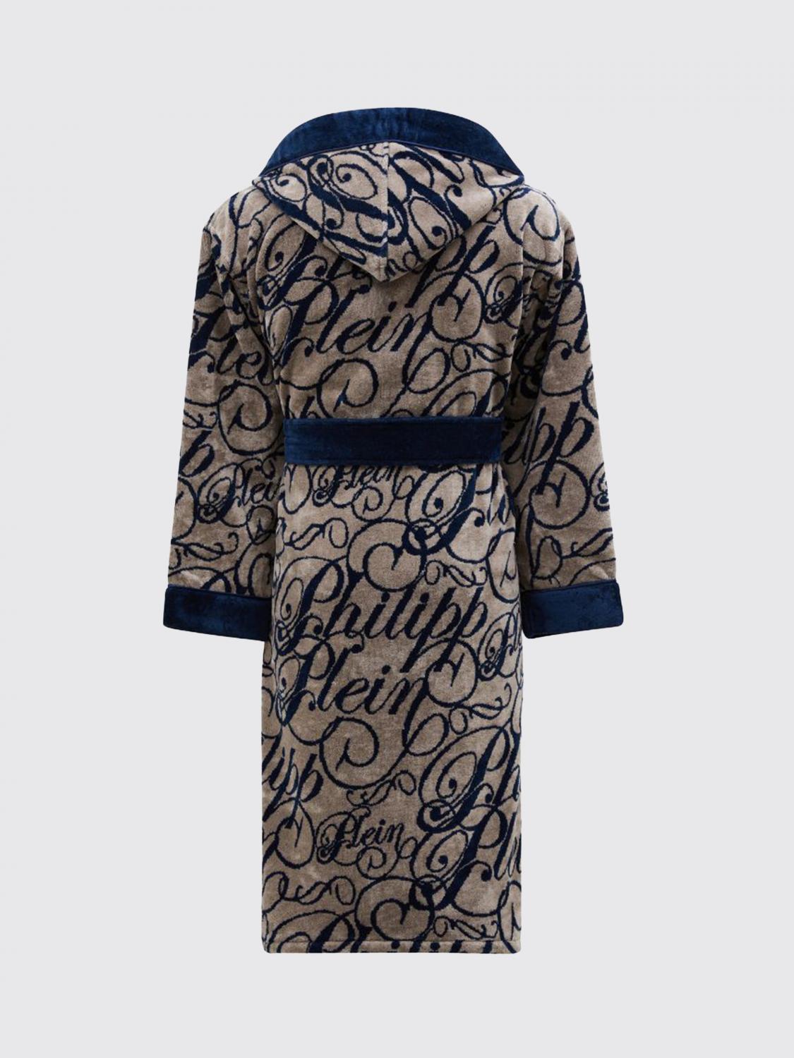 PHILIPP PLEIN ALBORNOCES: Albornoz con capucha Philipp Plein de rizo de algodón y logo en jacquard, Azul Oscuro - Img 3