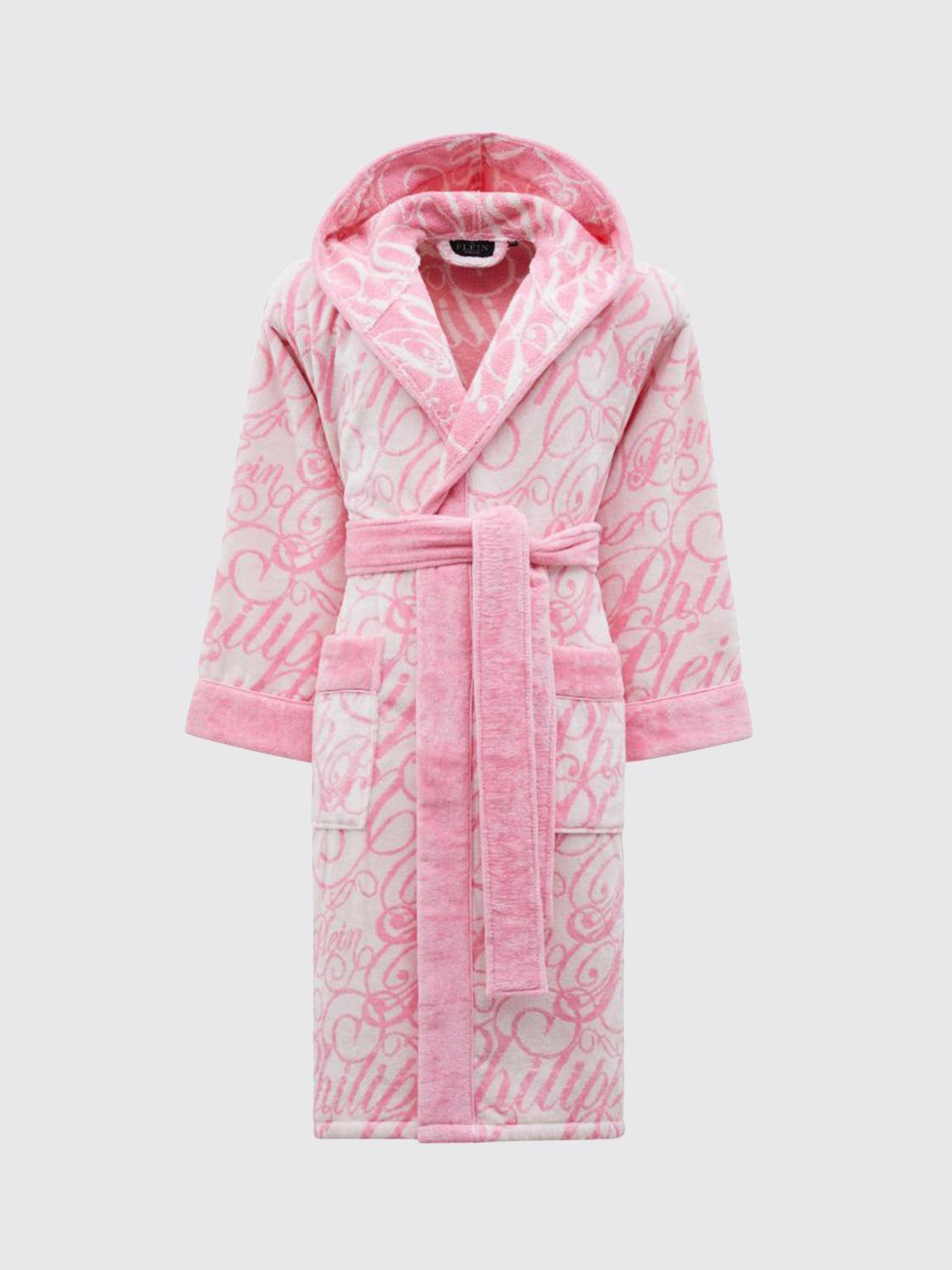 PHILIPP PLEIN BATHROBES: Philipp Plein Hooded Jacquard Logo Cotton Terry Bathrobe, Pink - Img 1