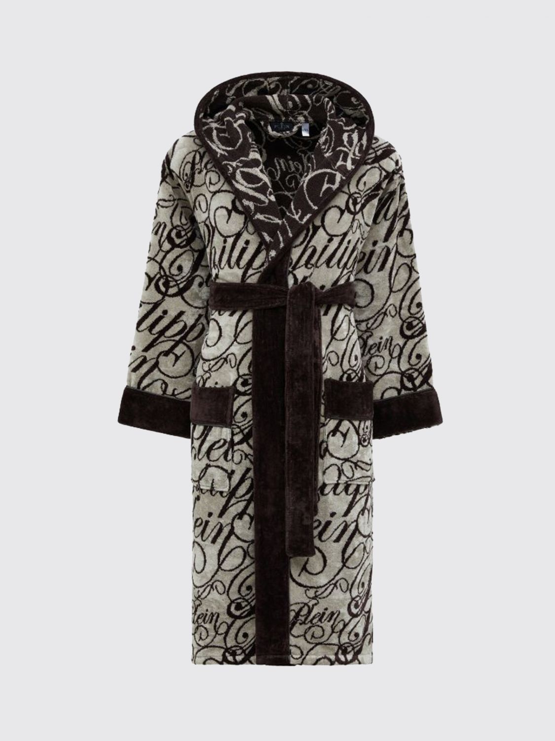 PHILIPP PLEIN BATHROBES: PHILIPP PLEIN 후드 자카드 로고 코튼 테리 목욕 가운, 브라운 - Img 1