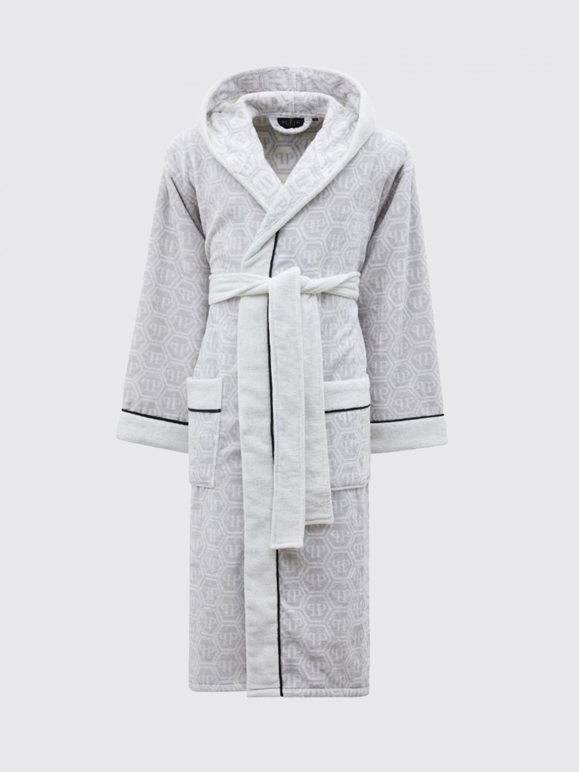 PHILIPP PLEIN BATHROBES: Philipp Plein Hooded Hexagon Monogram Cotton Terry Bathrobe, White - Img 1