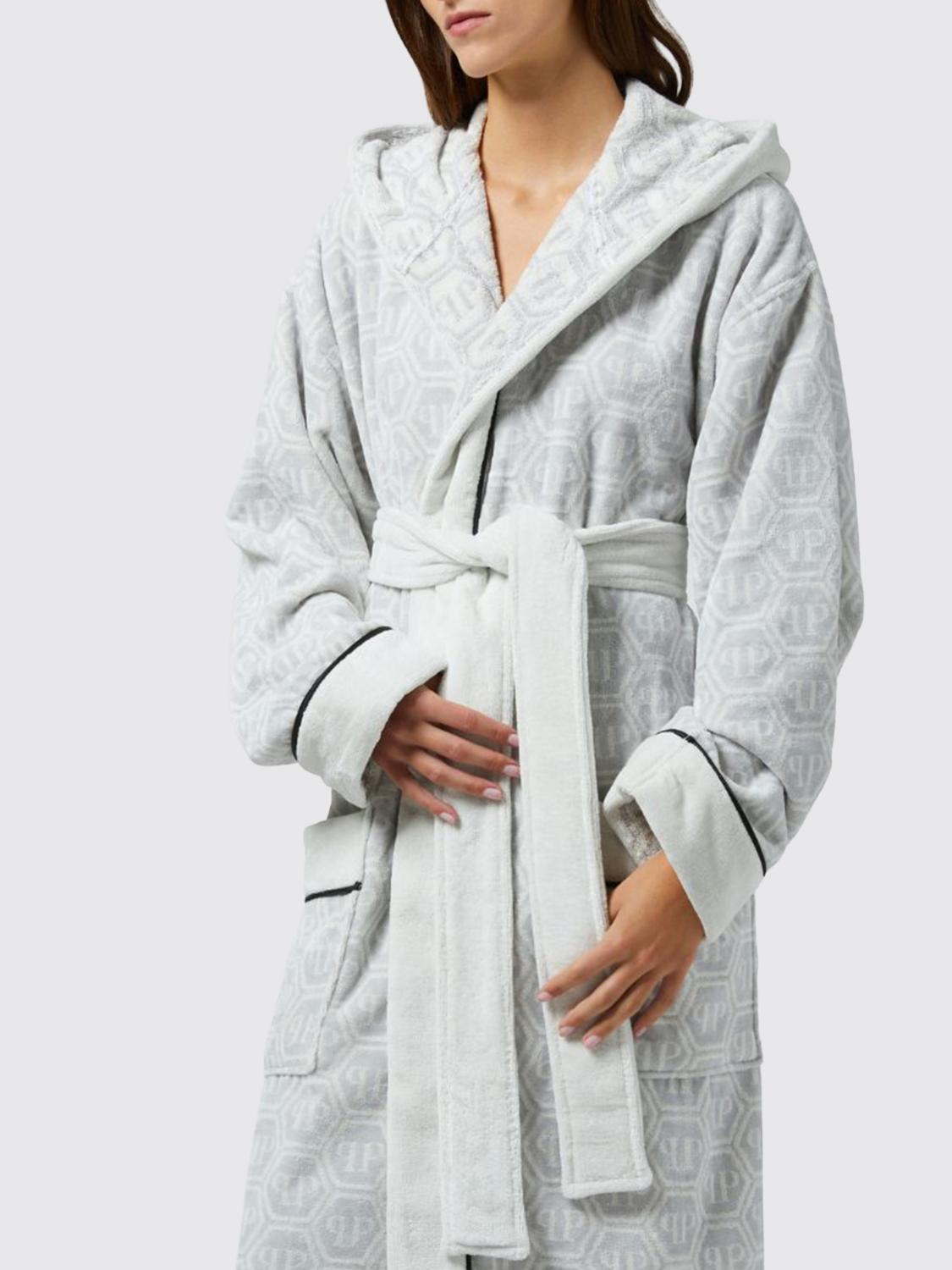 PHILIPP PLEIN BATHROBES: Philipp Plein Hooded Hexagon Monogram Cotton Terry Bathrobe, White - Img 2