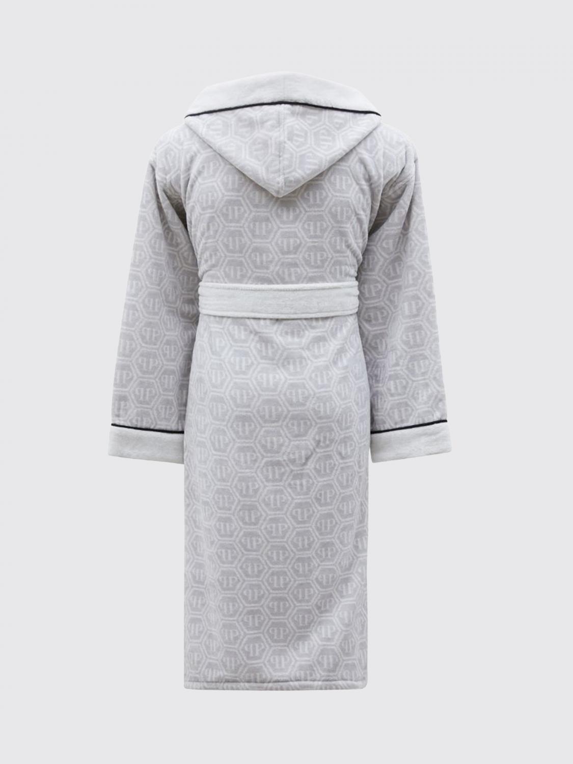 PHILIPP PLEIN BATHROBES: Philipp Plein Hooded Hexagon Monogram Cotton Terry Bathrobe, White - Img 3