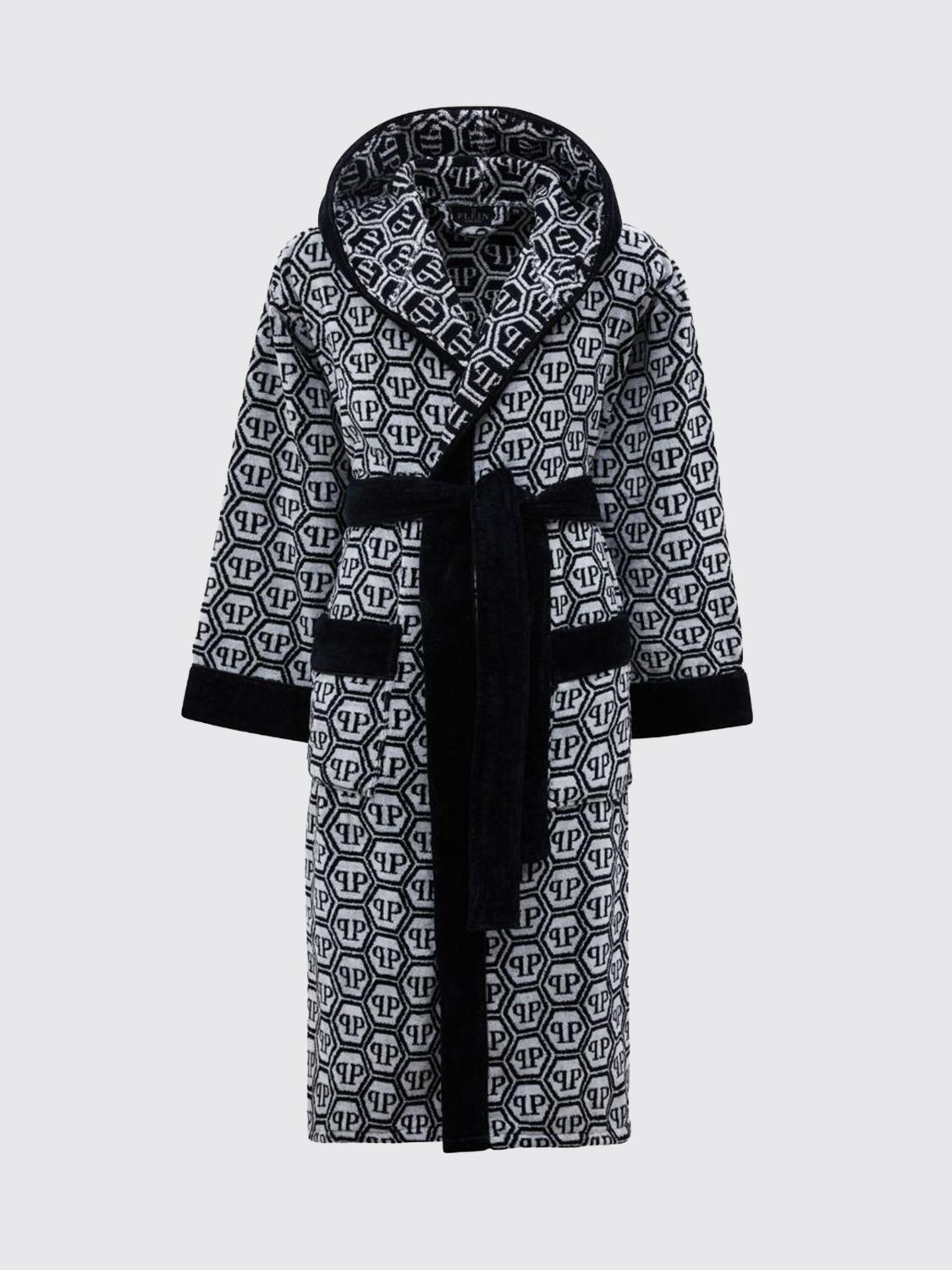 PHILIPP PLEIN BADEMÄNTEL: Philipp Plein Kapuzen-Bademantel aus Baumwollfrottee mit Hexagon-Monogramm, Schwarz - Img 1