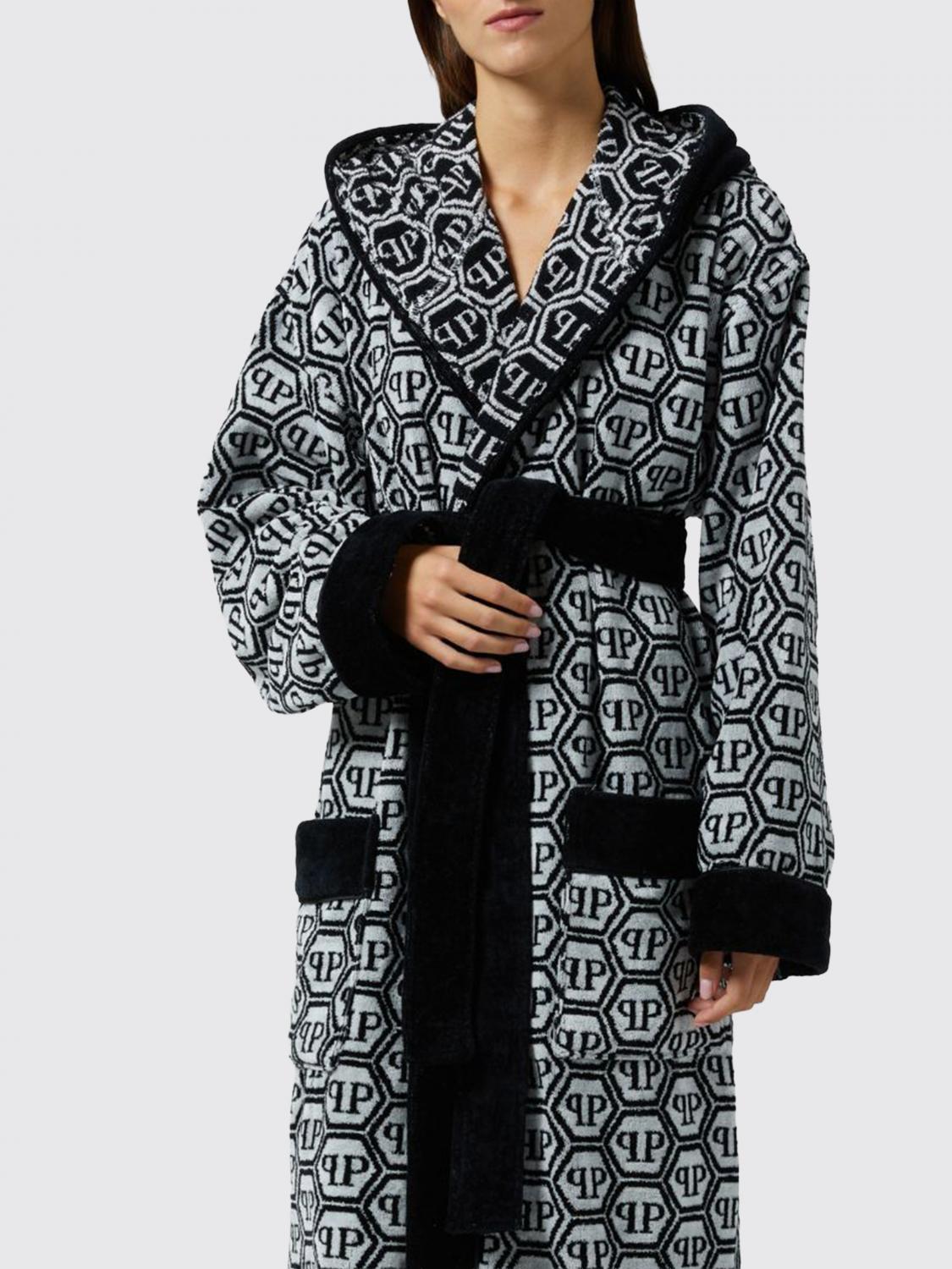 PHILIPP PLEIN BADEMÄNTEL: Philipp Plein Kapuzen-Bademantel aus Baumwollfrottee mit Hexagon-Monogramm, Schwarz - Img 2