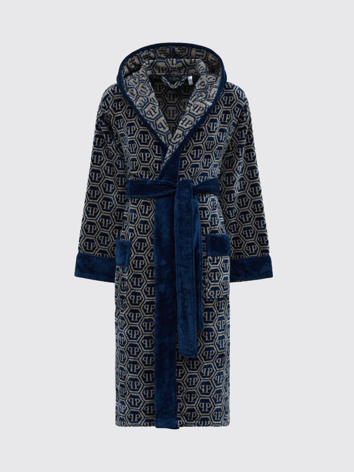 PHILIPP PLEIN BATHROBES: Philipp Plein Hooded Hexagon Monogram Cotton Terry Bathrobe, Blue - Img 1