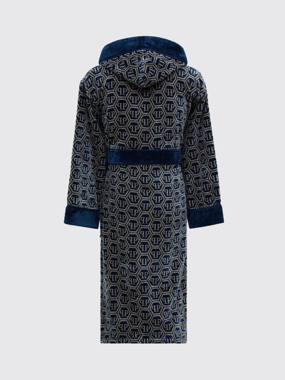 PHILIPP PLEIN BATHROBES: Philipp Plein Hooded Hexagon Monogram Cotton Terry Bathrobe, Blue - Img 2