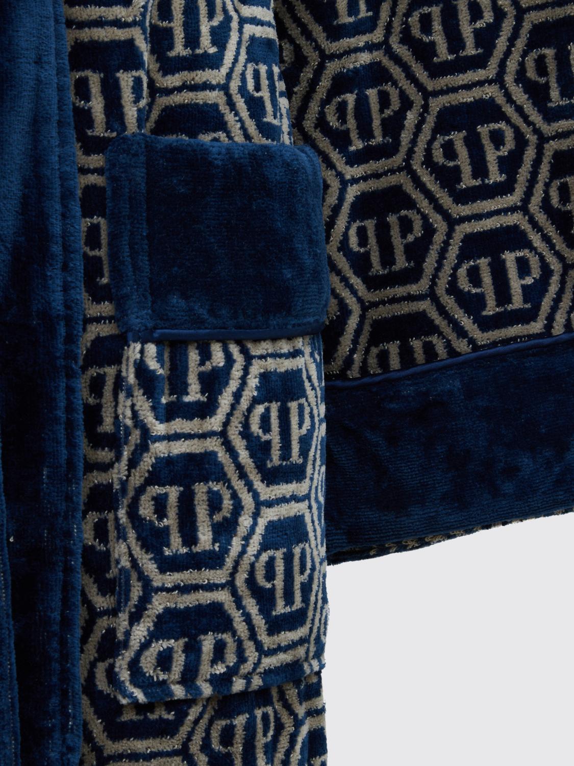 PHILIPP PLEIN BATHROBES: Philipp Plein Hooded Hexagon Monogram Cotton Terry Bathrobe, Blue - Img 3