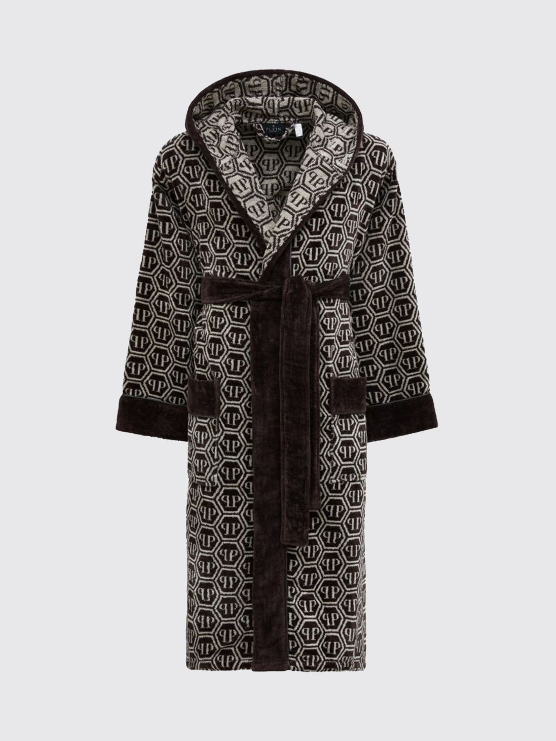 PHILIPP PLEIN BATHROBES: PHILIPP PLEIN フード付きヘキサゴンモノグラム コットンテリーバスローブ, ブラウン - Img 1