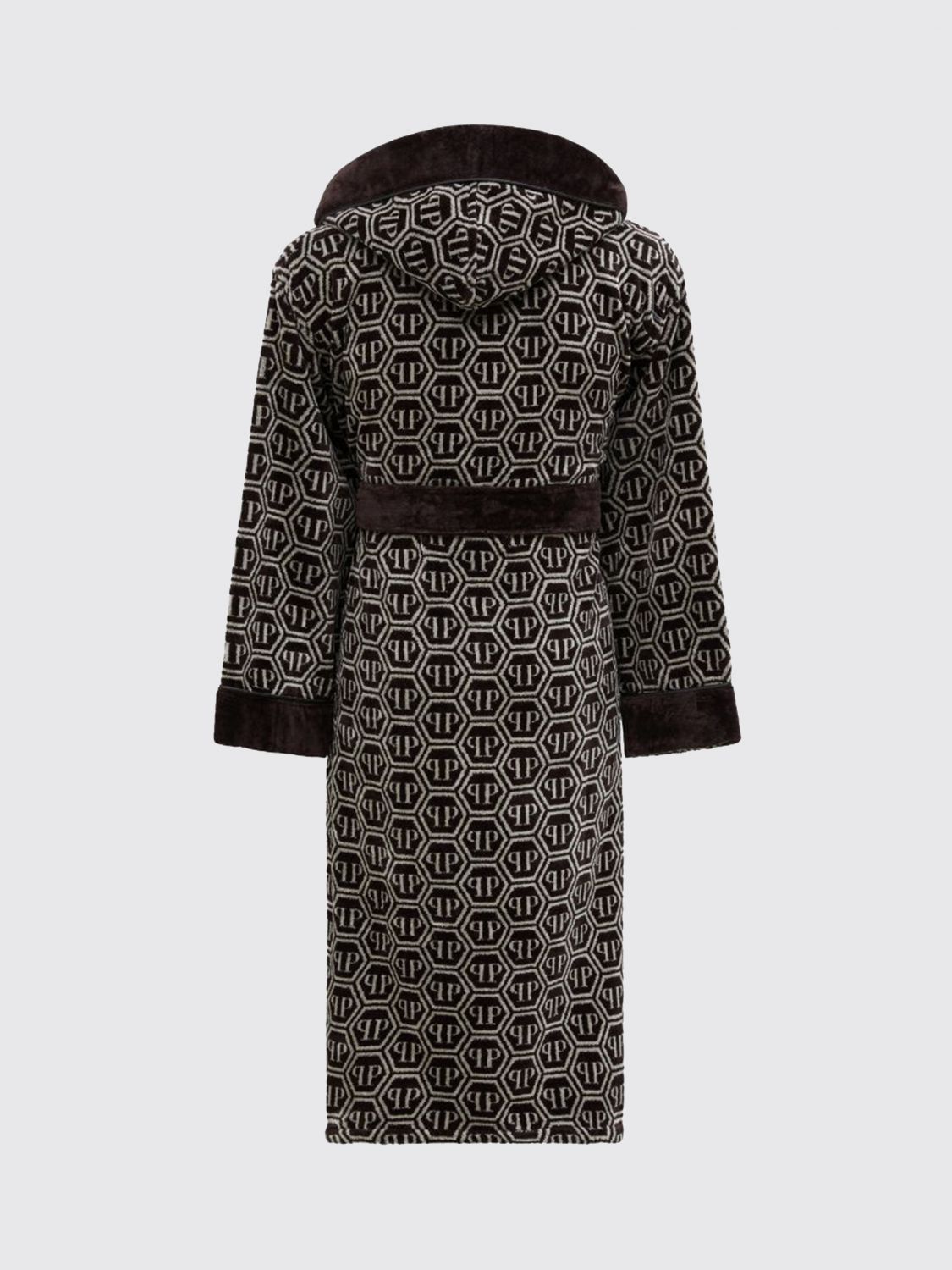 PHILIPP PLEIN BATHROBES: PHILIPP PLEIN フード付きヘキサゴンモノグラム コットンテリーバスローブ, ブラウン - Img 2