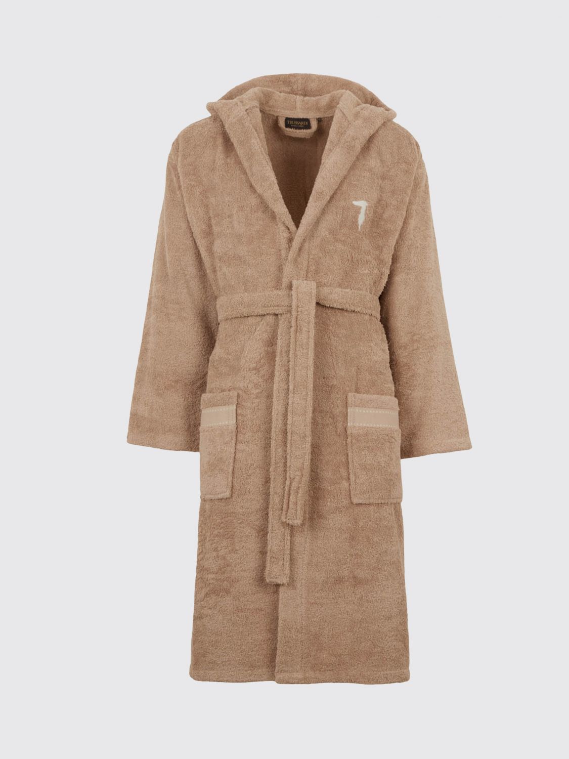 TRUSSARDI BATHROBES: Hooded Cotton Terrycloth Bathrobe Trussardi with Contrast Embroidered Logo, Brown - Img 1