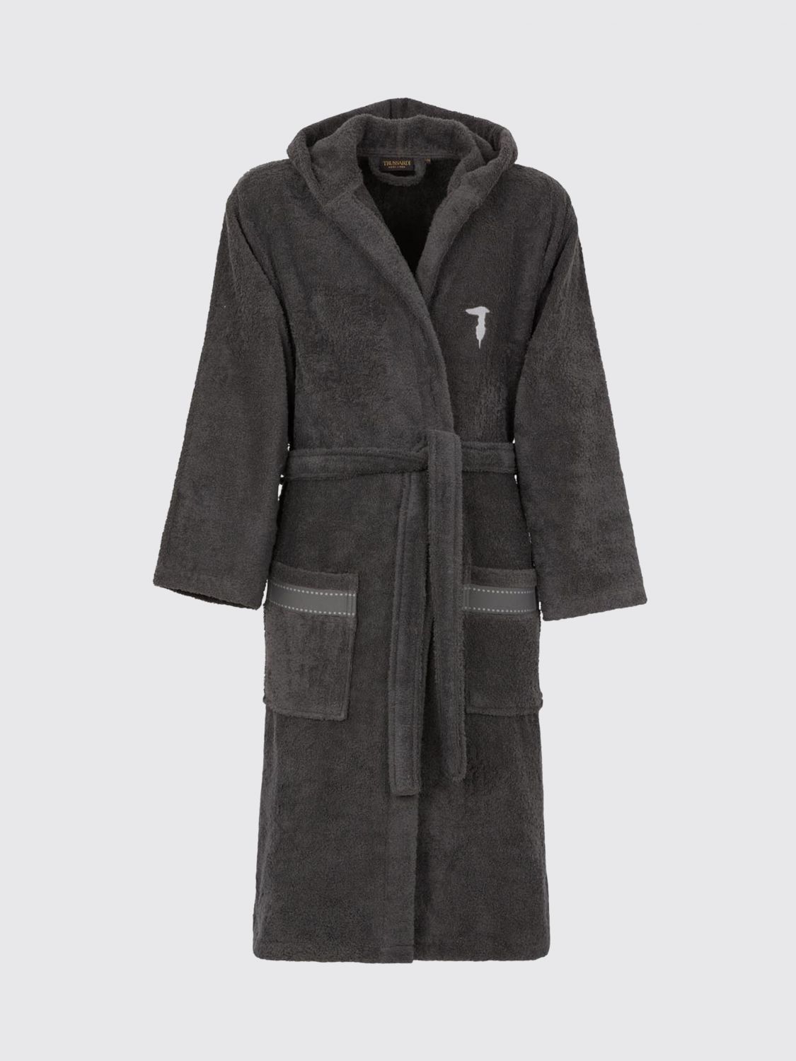 TRUSSARDI BATHROBES: Hooded Cotton Terrycloth Bathrobe Trussardi with Contrast Embroidered Logo, Charcoal - Img 1