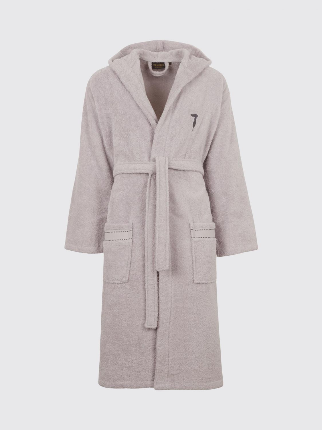 TRUSSARDI BATHROBES: Trussardi 대비되는 자수 로고가 있는 후드 코튼 테리 목욕 가운, 펄 - Img 1