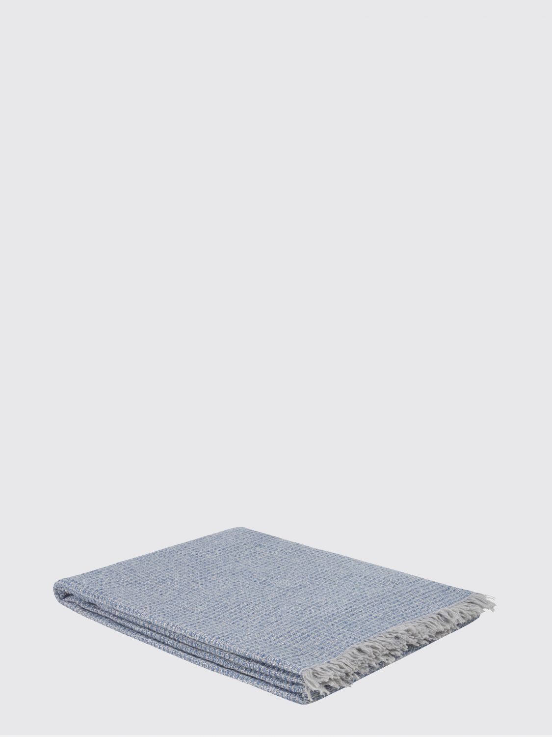 BELLORA BEDCOVERS AND BLANKETS: Bellora Armonia ウール&コットン混 フリンジ付きスロー, ブルー - Img 1