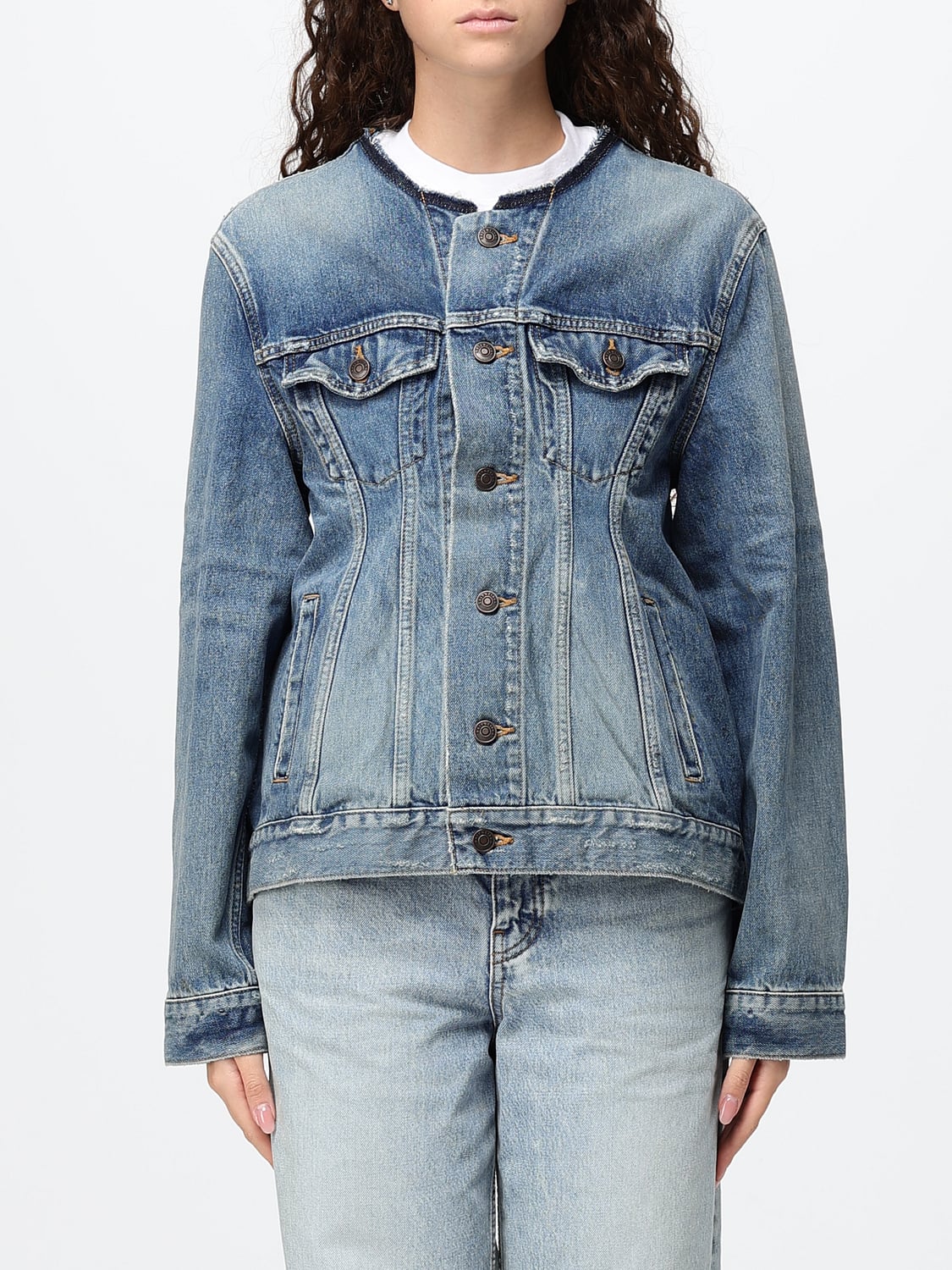 BALENCIAGA CHAQUETA: Chaqueta vaquera corta slim fit Balenciaga de denim blanqueado con cuello redondo, Azul Oscuro - Img 1