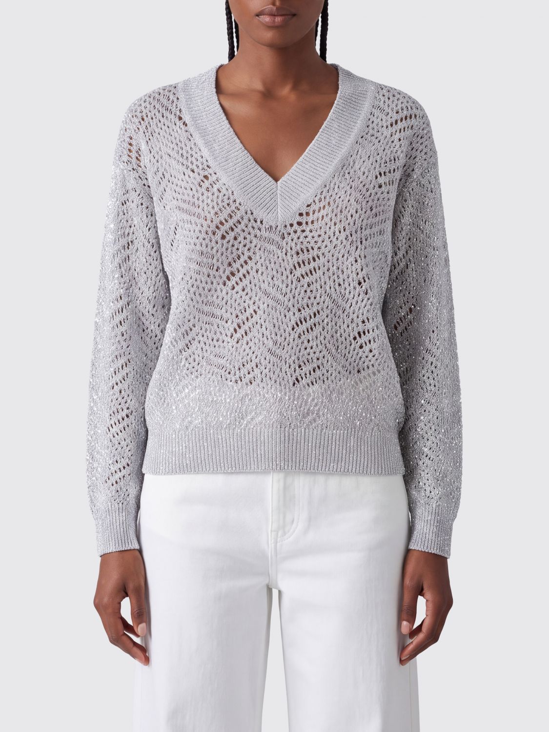 BRUNELLO CUCINELLI PULLOVER: V-Ausschnitt-Pullover Brunello Cucinelli in Relaxed Fit aus 100% durchbrochenem Kaschmir, Grau - Img 1