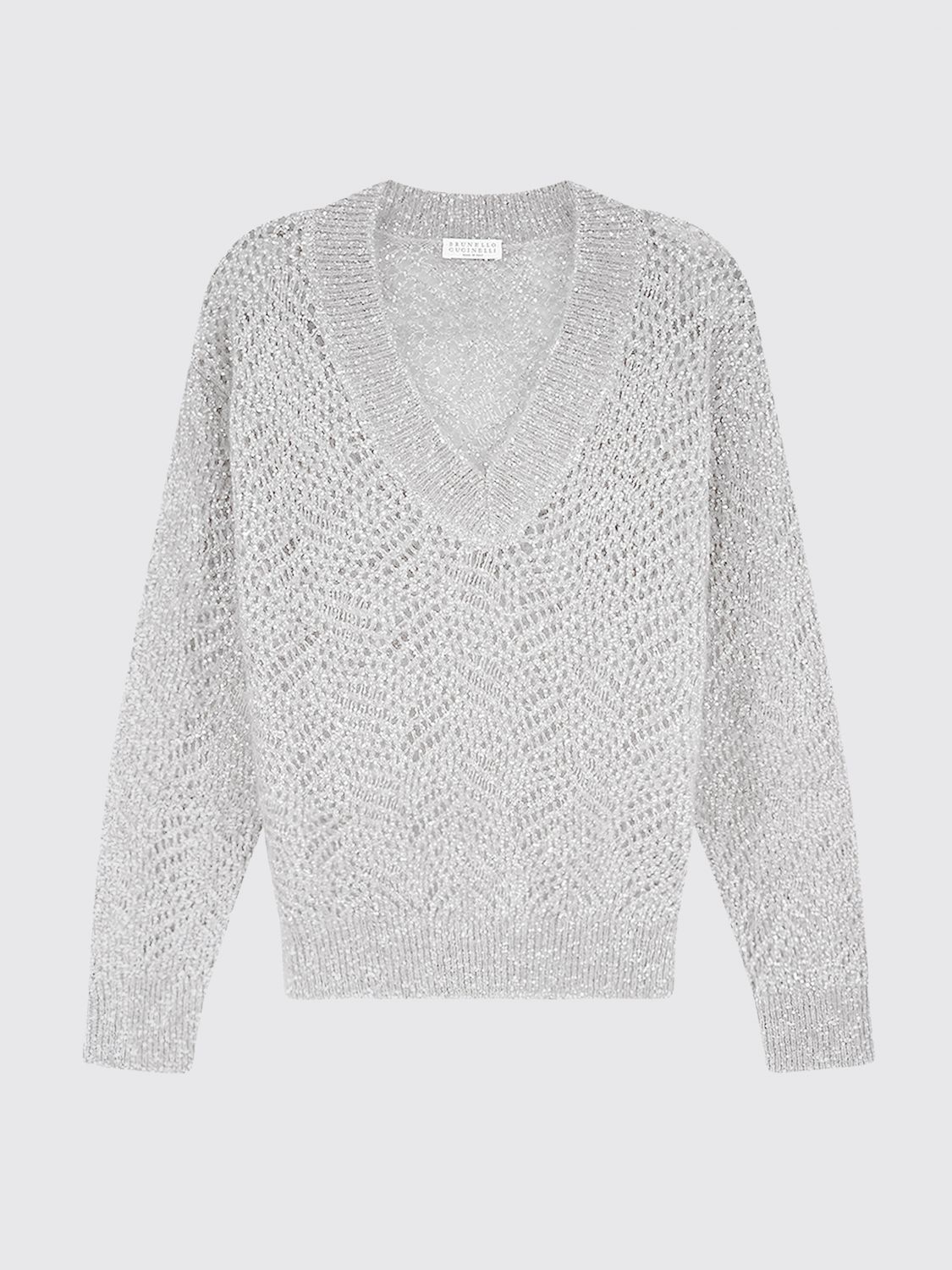 BRUNELLO CUCINELLI PULLOVER: V-Ausschnitt-Pullover Brunello Cucinelli in Relaxed Fit aus 100% durchbrochenem Kaschmir, Grau - Img 2