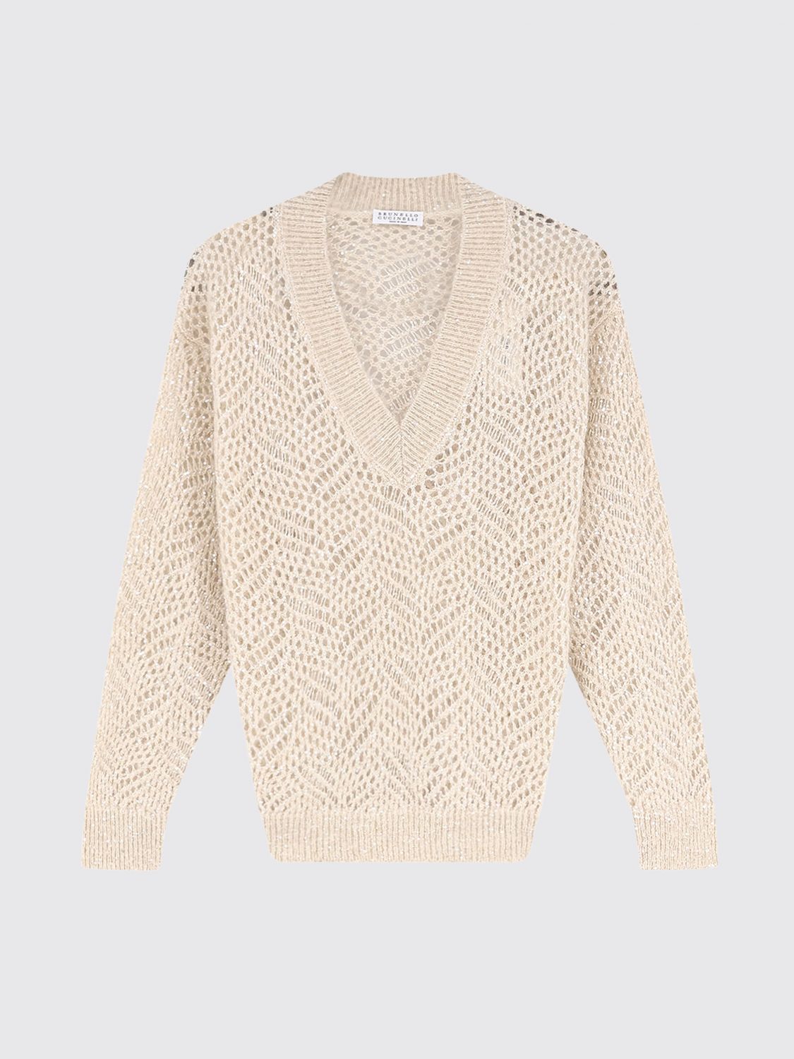 BRUNELLO CUCINELLI MAGLIA: Maglia a V Brunello Cucinelli relaxed fit in 100% cashmere traforato con paillettes, Avorio - Img 2