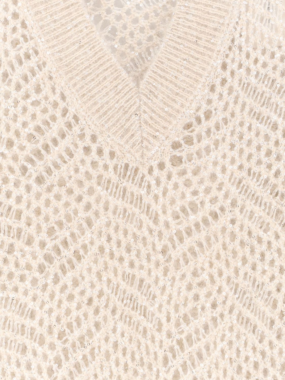 BRUNELLO CUCINELLI MAGLIA: Maglia a V Brunello Cucinelli relaxed fit in 100% cashmere traforato con paillettes, Avorio - Img 4