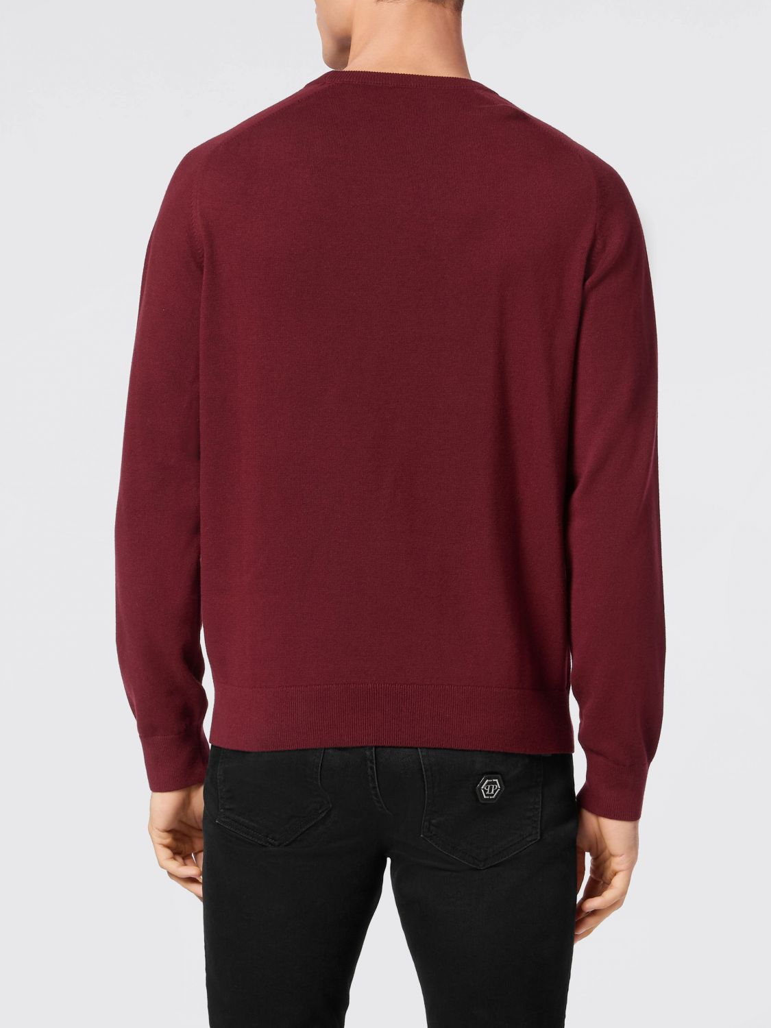 PHILIPP PLEIN MAGLIA: Maglia girocollo Philipp Plein in cotone a maniche lunghe con polsi a costine, Amaranto - Img 2