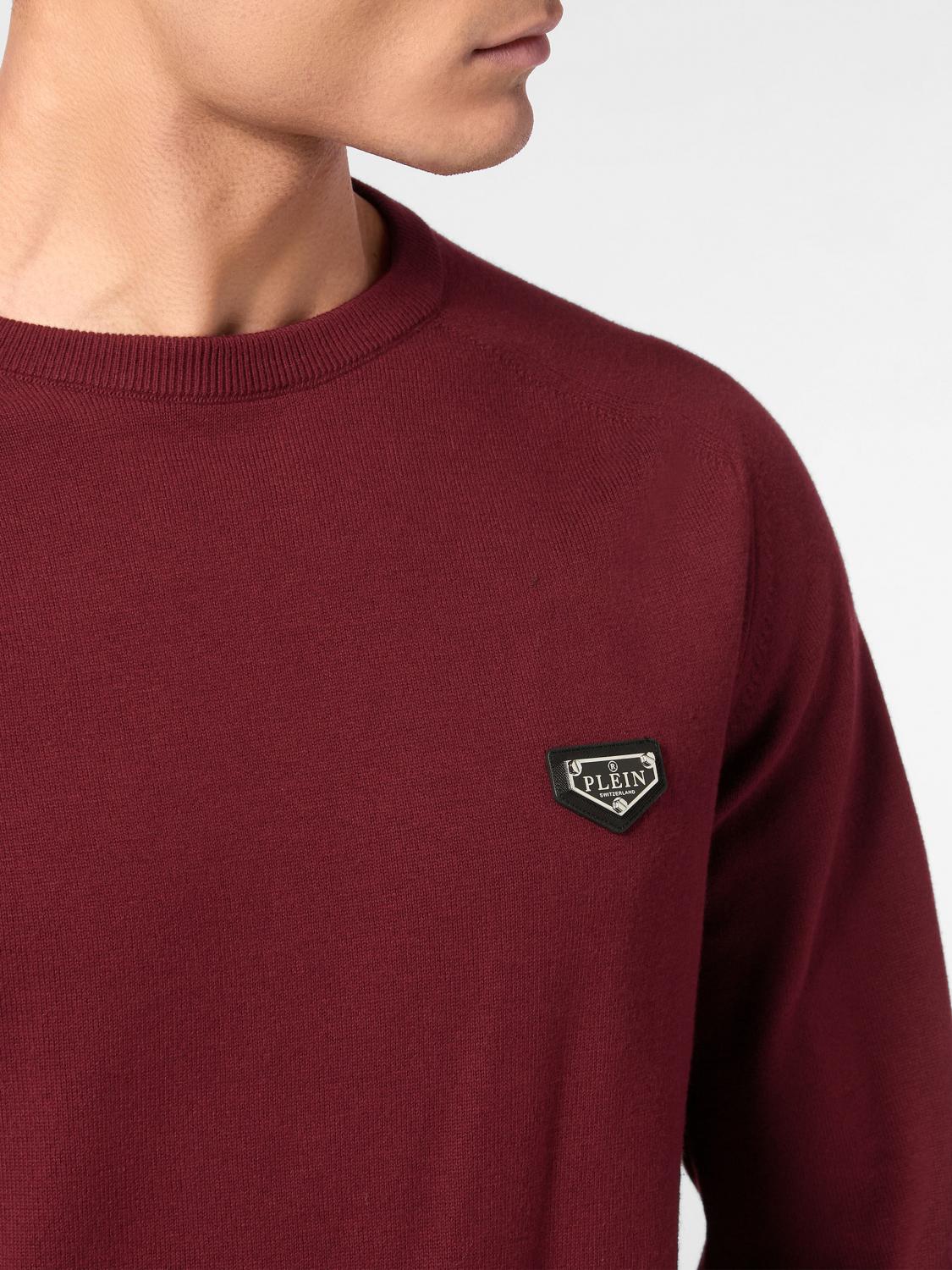 PHILIPP PLEIN MAGLIA: Maglia girocollo Philipp Plein in cotone a maniche lunghe con polsi a costine, Amaranto - Img 3