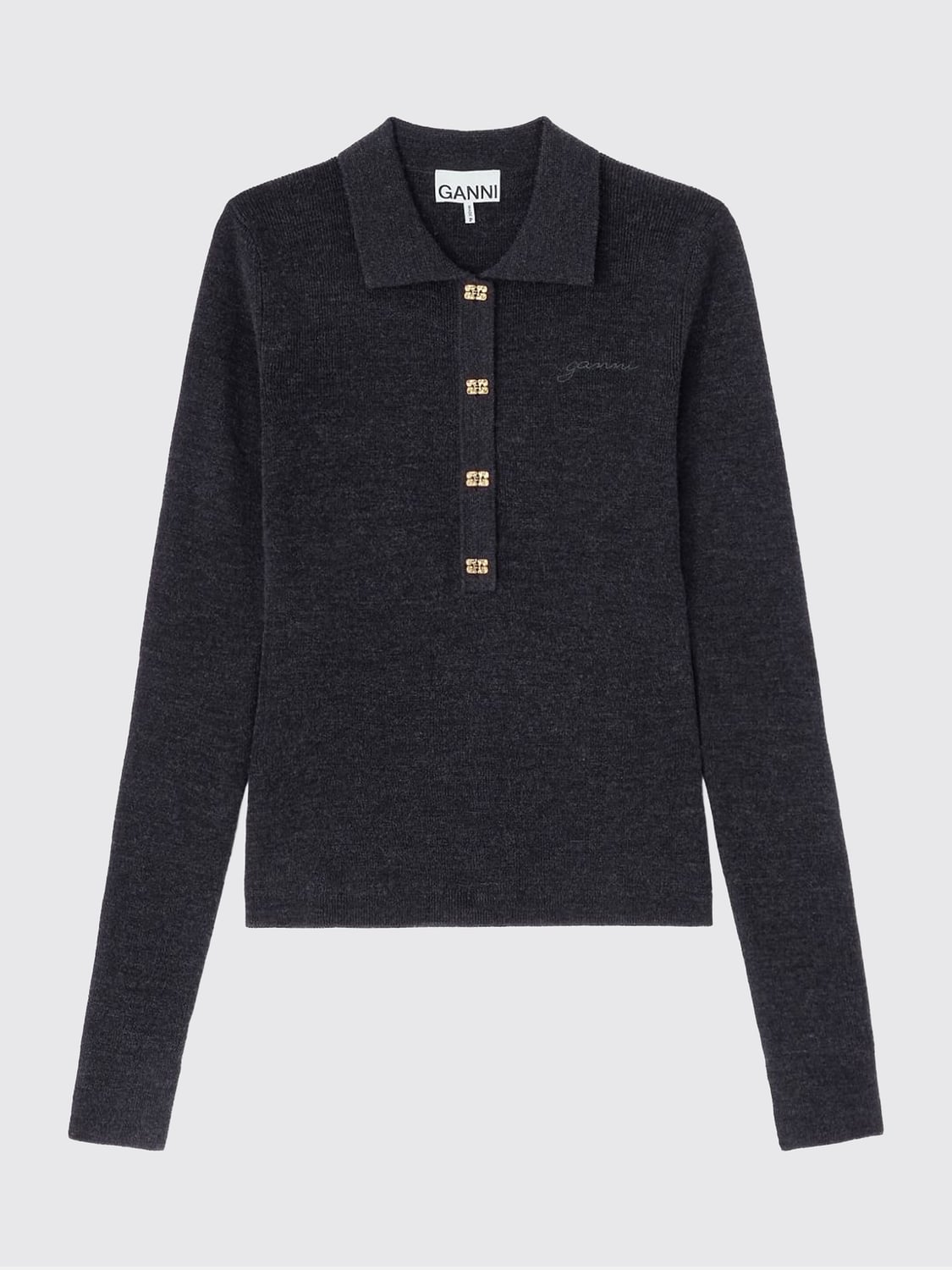 GANNI POLO: Polo Ganni de punto de lana slim fit con manga larga y logo Butterfly, Gris - Img 4