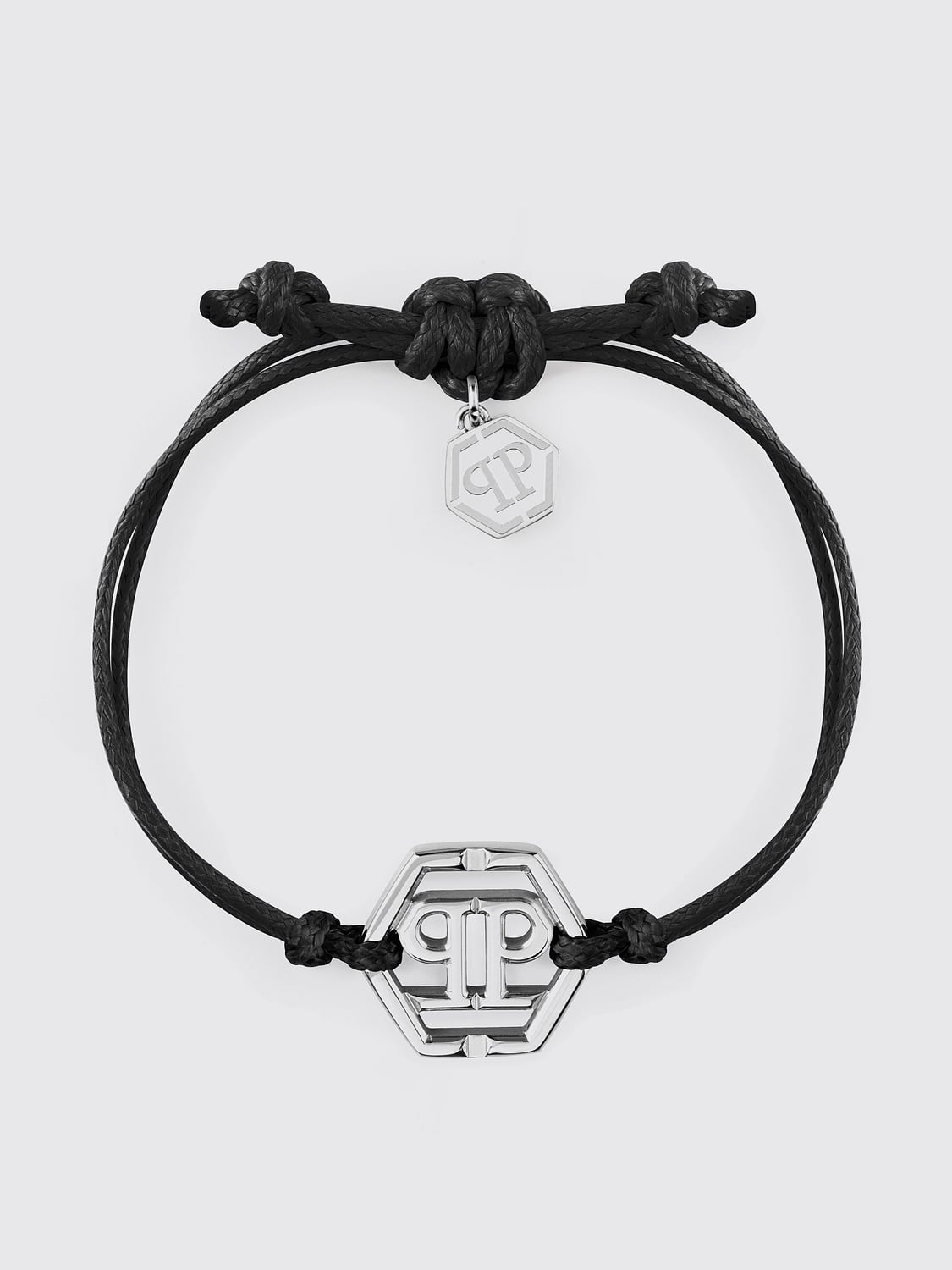 PHILIPP PLEIN GIOIELLO: Bracciale Friendship Philipp Plein in cotone e acciaio con logo Hexagon, Nero - Img 1