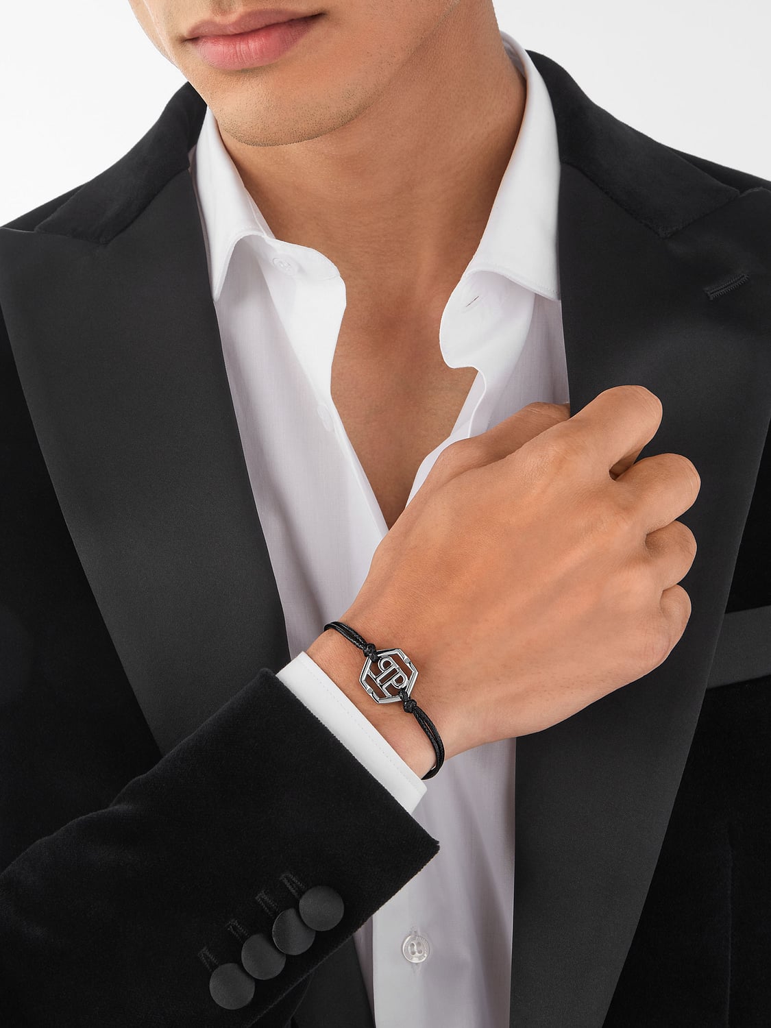 PHILIPP PLEIN GIOIELLO: Bracciale Friendship Philipp Plein in cotone e acciaio con logo Hexagon, Nero - Img 3
