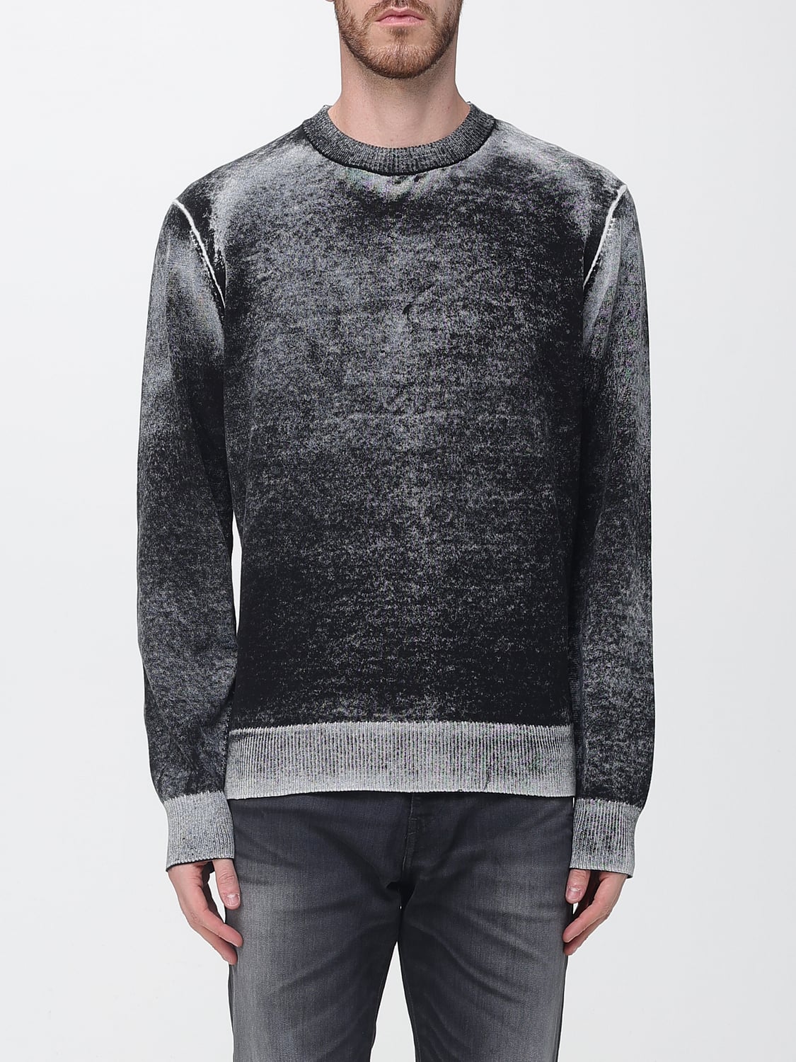 DIESEL PULL: Pull à col rond en coton Diesel avec poignets et ourlet côtelés, Noir - Img 1