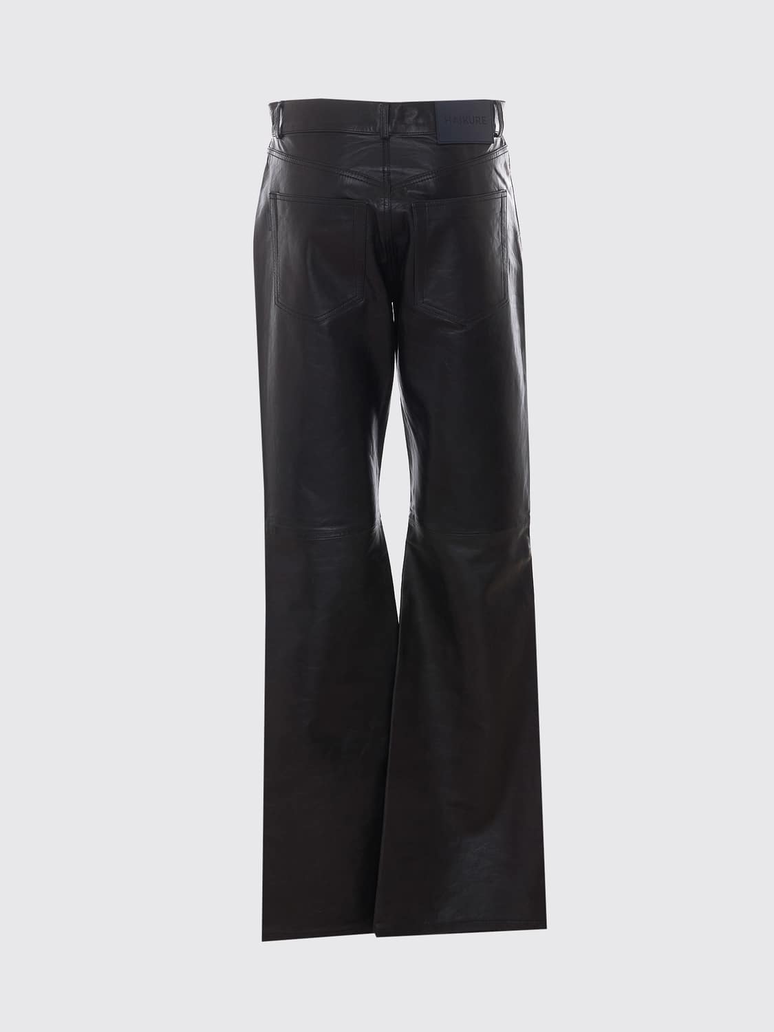 HAIKURE PANTS: Haikure Flora Mid-Rise Flared Calfskin Leather Trousers, Black - Img 3